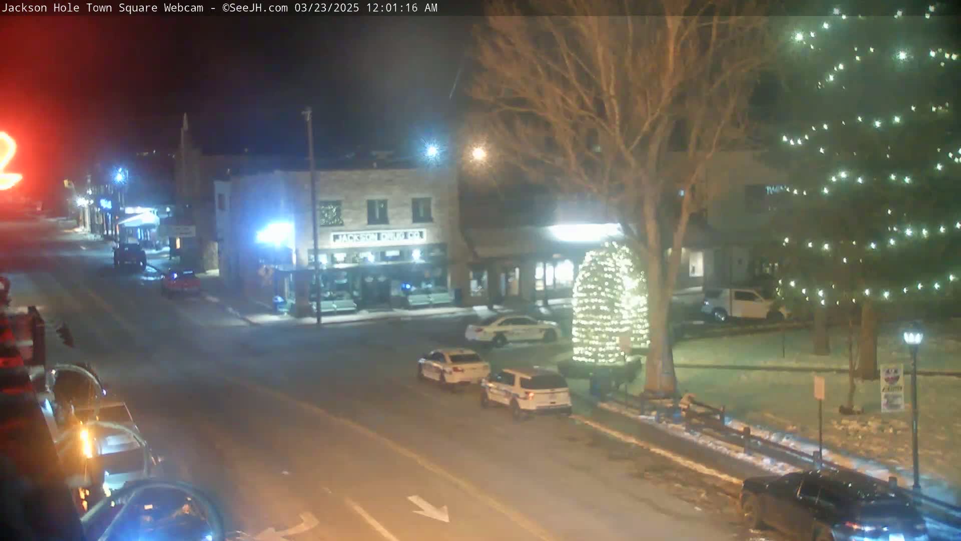 A nighttime view of a town square with snow on the ground, illuminated by streetlights and Christmas lights on a tree, shows several parked cars and two police cars.