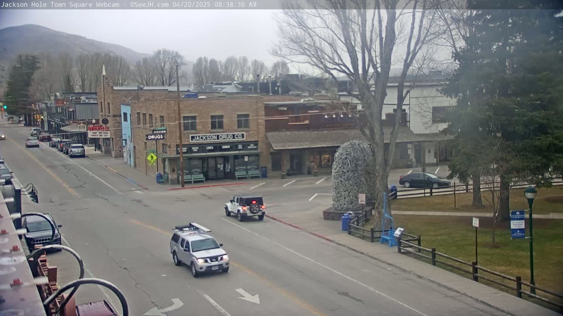 A mostly clear, overcast day shows a town square with several vehicles on a street, buildings lining the street, and a park with trees across the street.