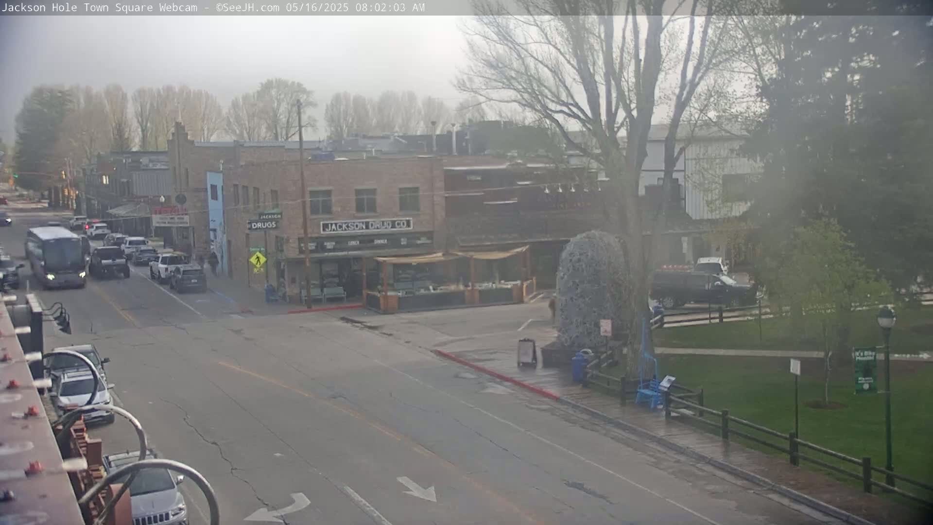 A hazy morning scene shows a town square with several vehicles on the street, buildings lining the sides, and a park with trees across the street.