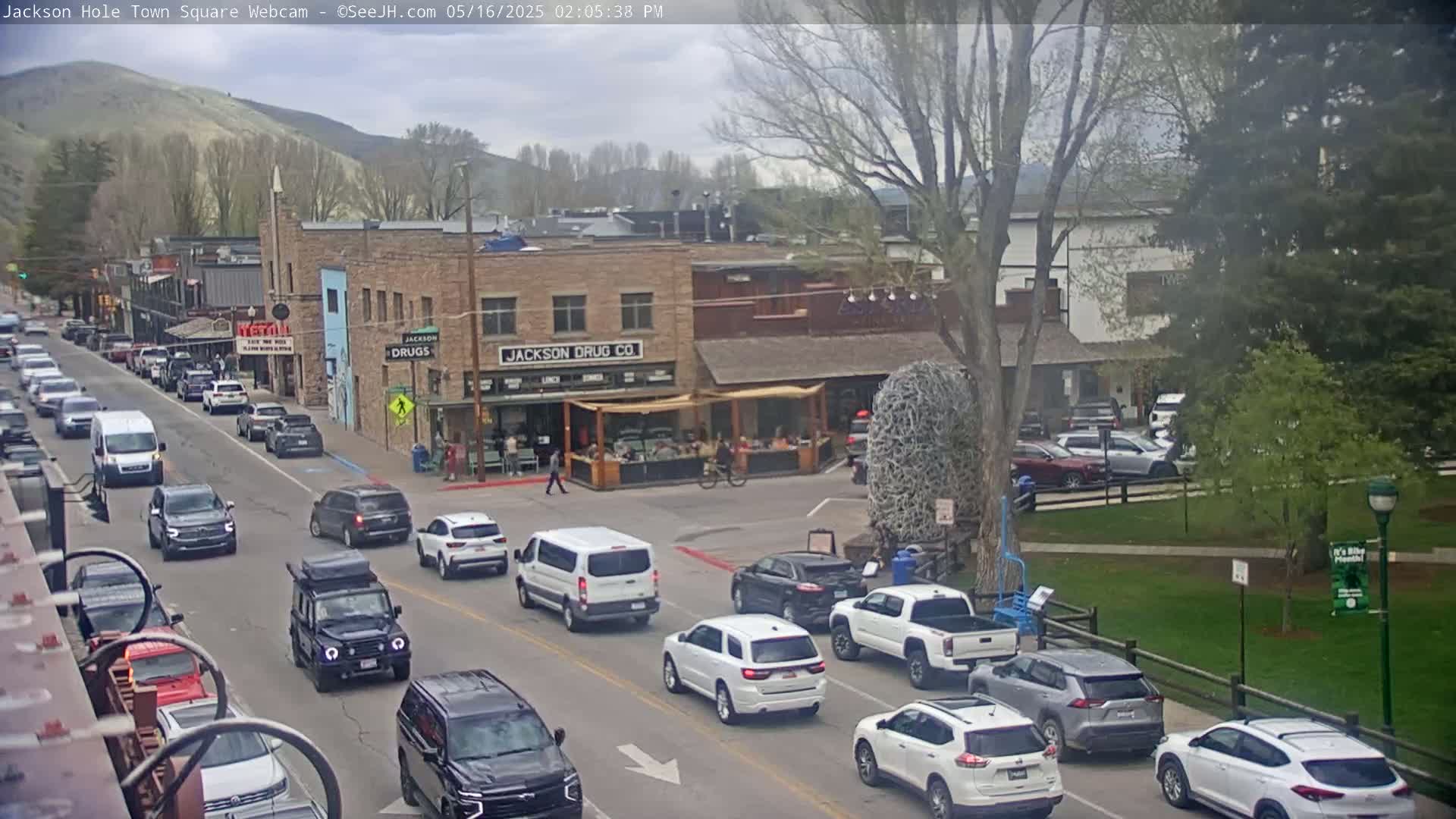 A partly cloudy day reveals a town square with many cars driving on a street lined with buildings, including one with "Jackson Drug Co." on its facade, and a grassy area with trees in the background.