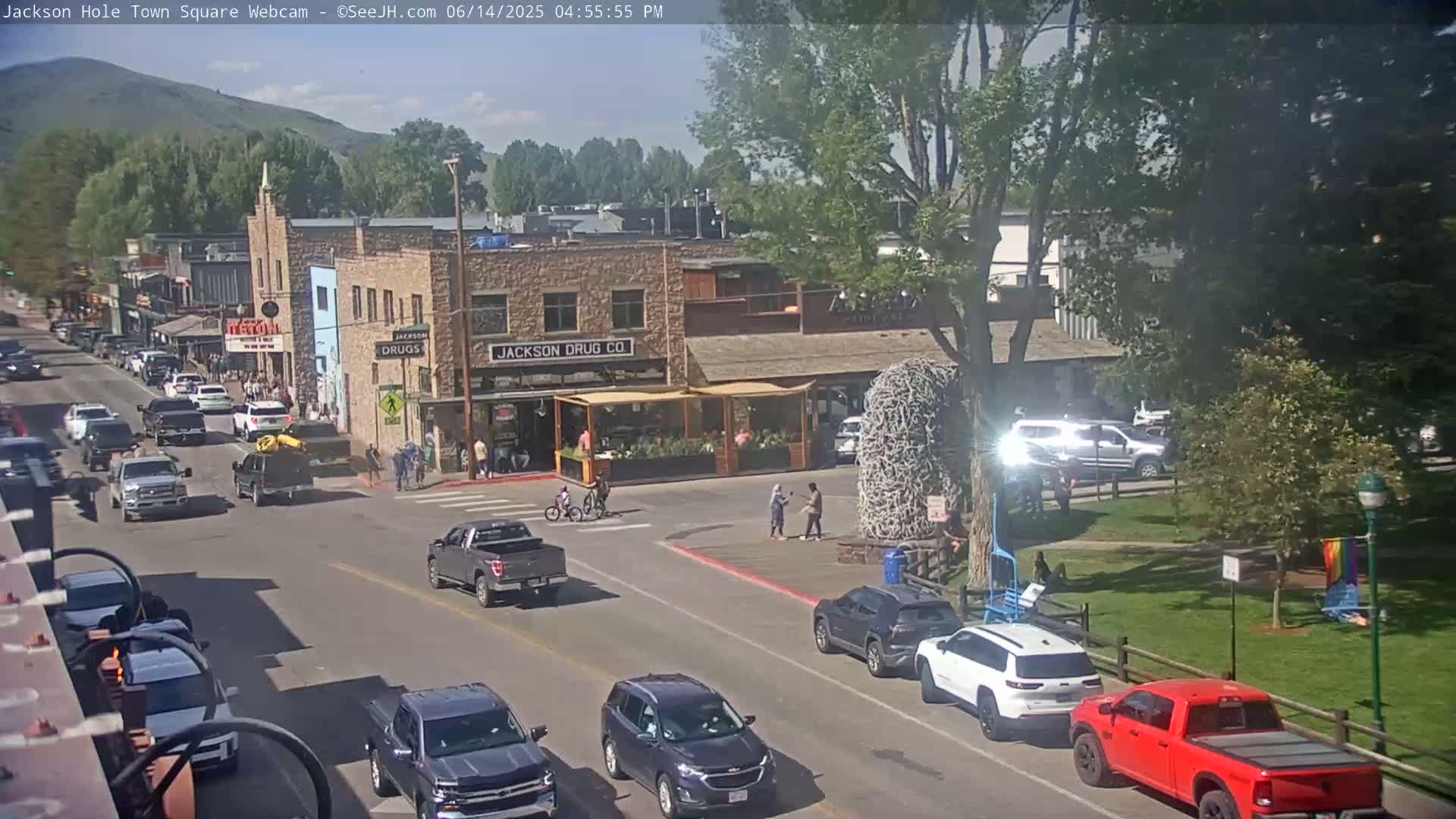 A large group of people march down a street in front of shops and buildings on a sunny day.