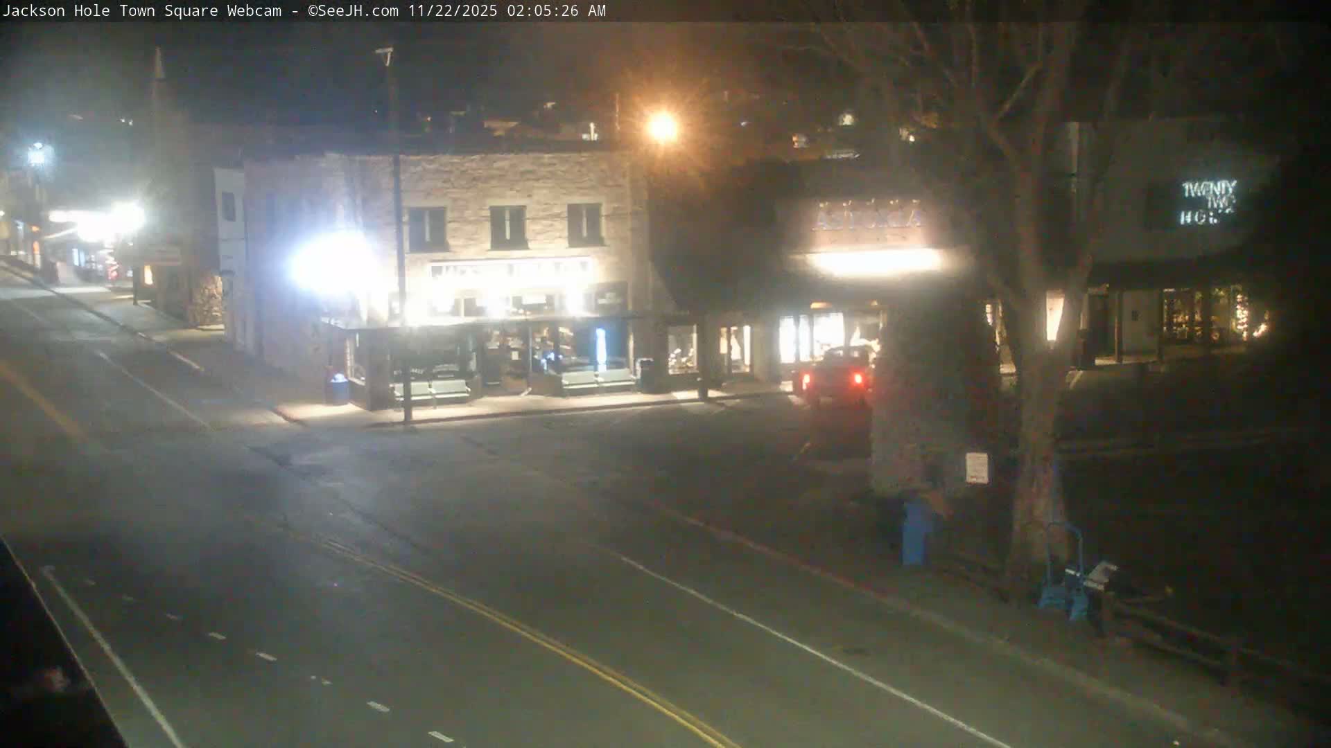 A wet road surface reflects artificial lights from buildings and street lamps on a dark night in a town square, revealing storefronts, a prominent bare tree, and a red car with illuminated taillights.