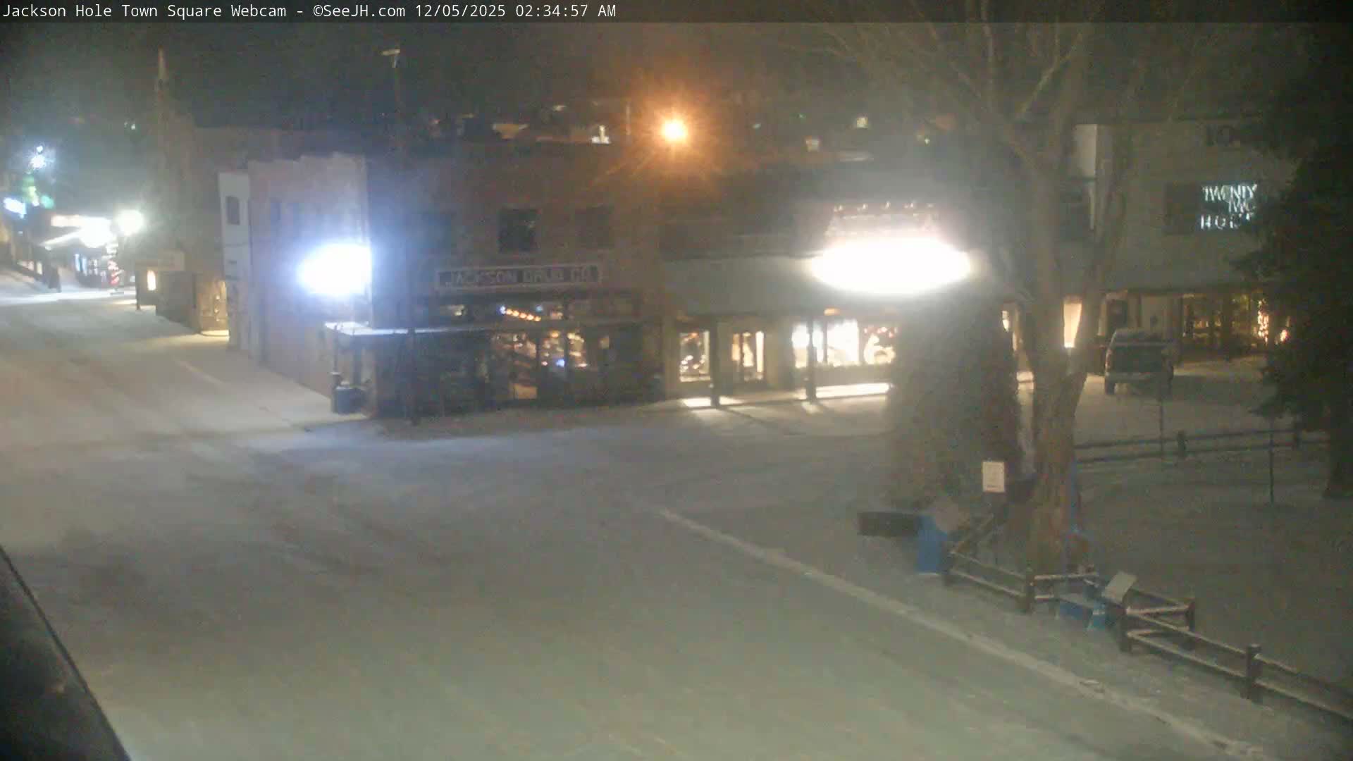 A quiet, snow-covered town square at night is illuminated by bright streetlights and storefront windows, revealing buildings and a prominent bare tree under clear, cold conditions.
