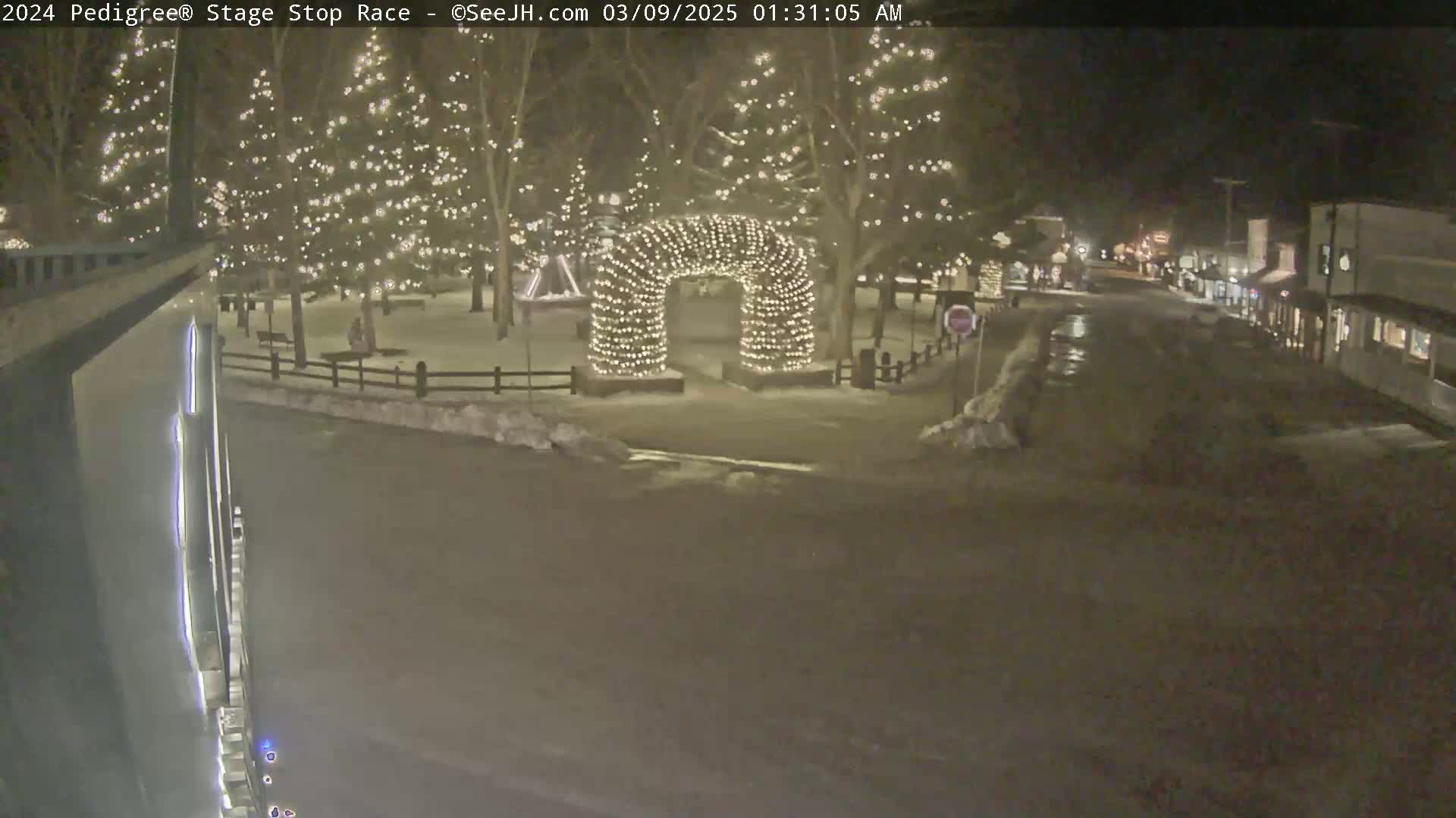A nighttime view of a snow-covered town square with Christmas lights illuminating trees and an archway, a street visible beyond.