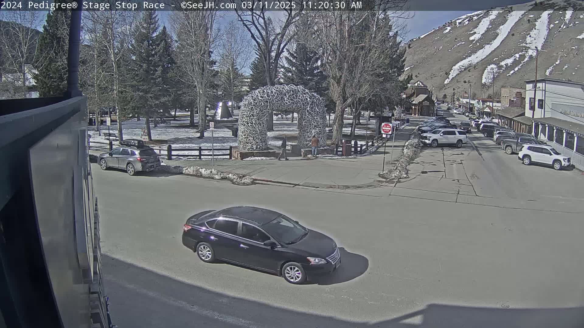 A sunny day shows a street scene with several parked cars, a dark-colored sedan driving by, and a large antler arch in a nearby park.
