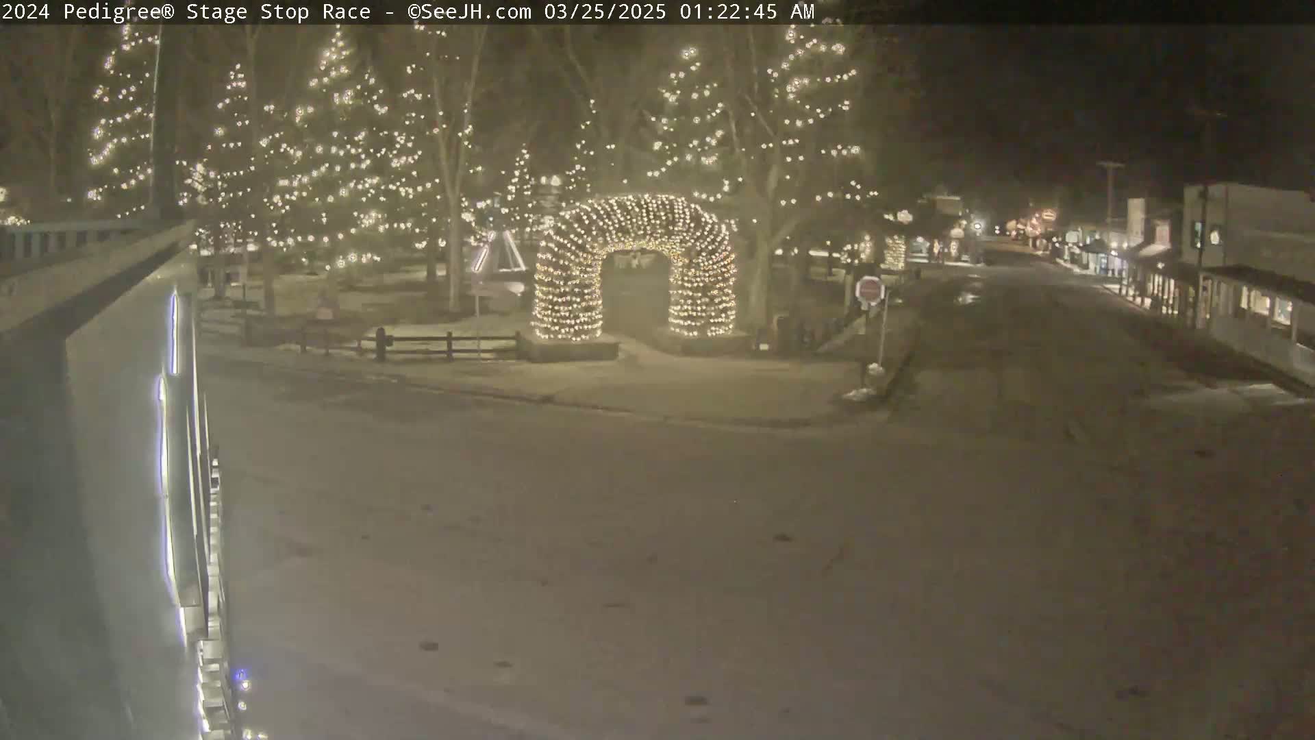 A snow-covered street at night, illuminated by strings of lights on trees and an archway, leads to a row of buildings.