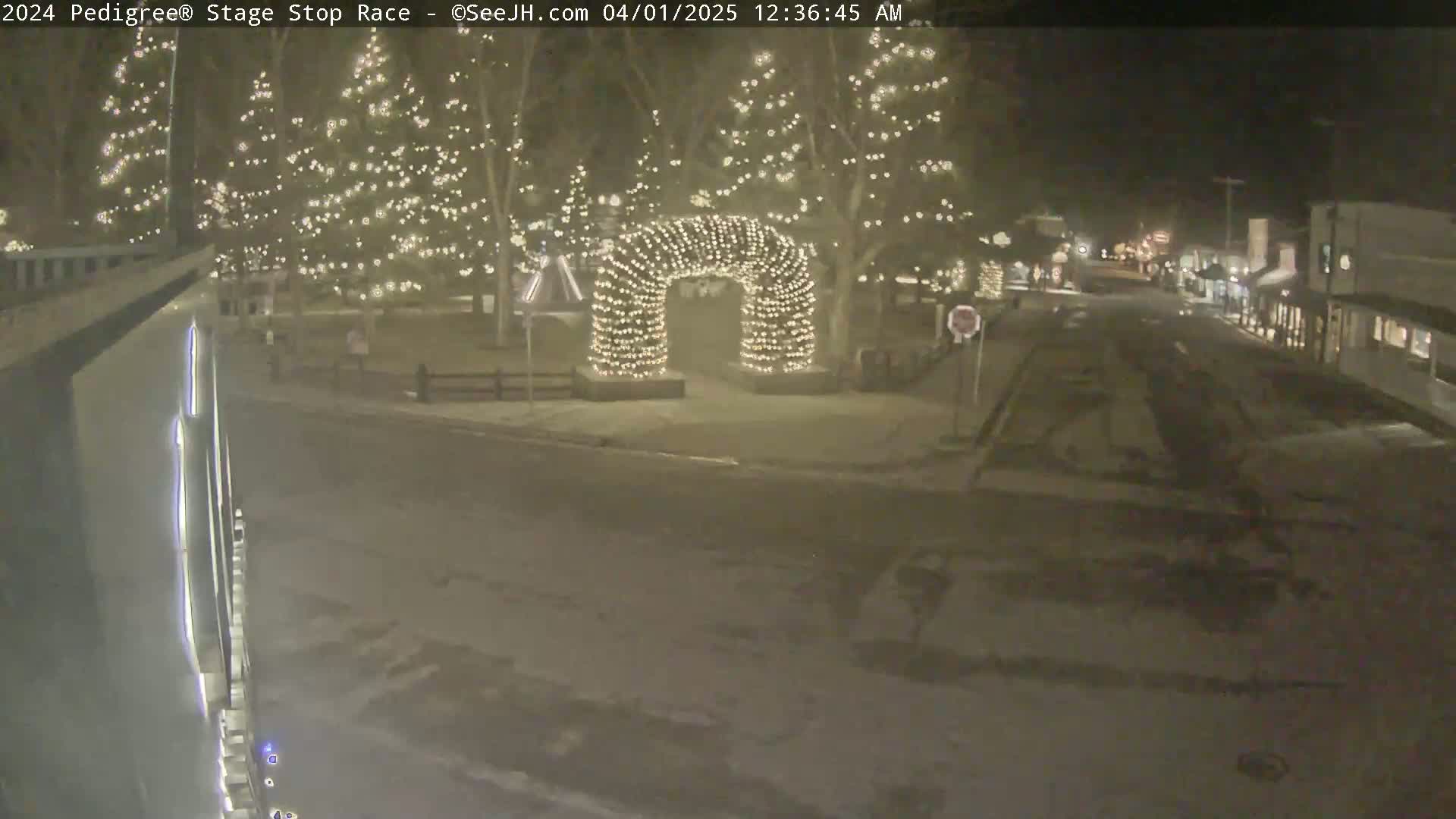 A snow-covered street at night, illuminated by string lights on trees and a light-up archway, shows a small town with buildings visible in the distance.