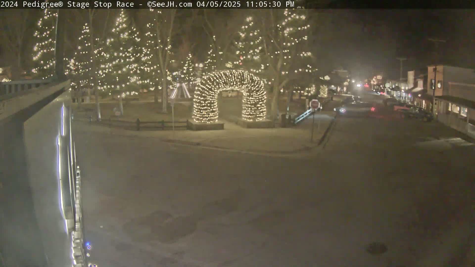 A snow-covered town square at night, illuminated by strings of lights on trees and a light-up archway, with a few cars visible on a nearby street.