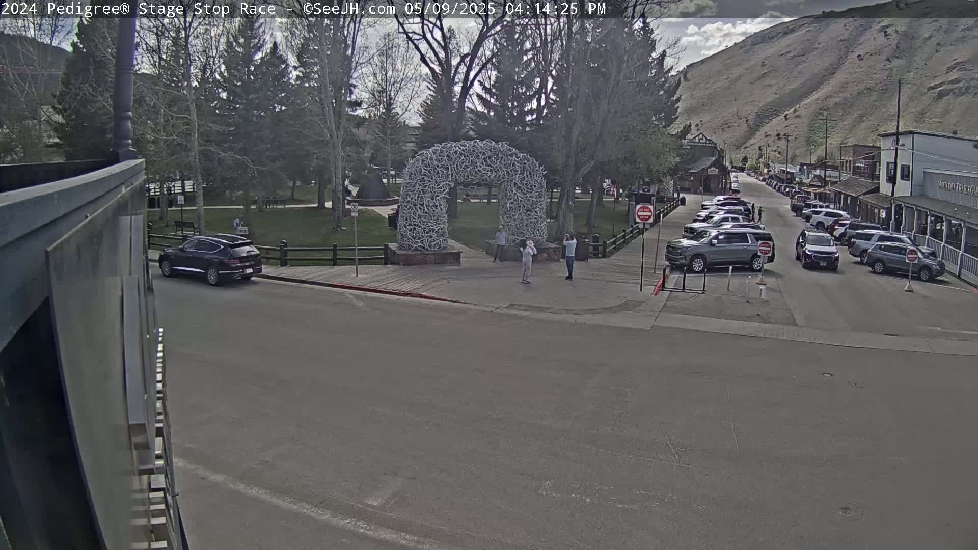 A street scene on an overcast day shows parked cars lining a street in front of buildings, with a large antler arch in a park across the street.