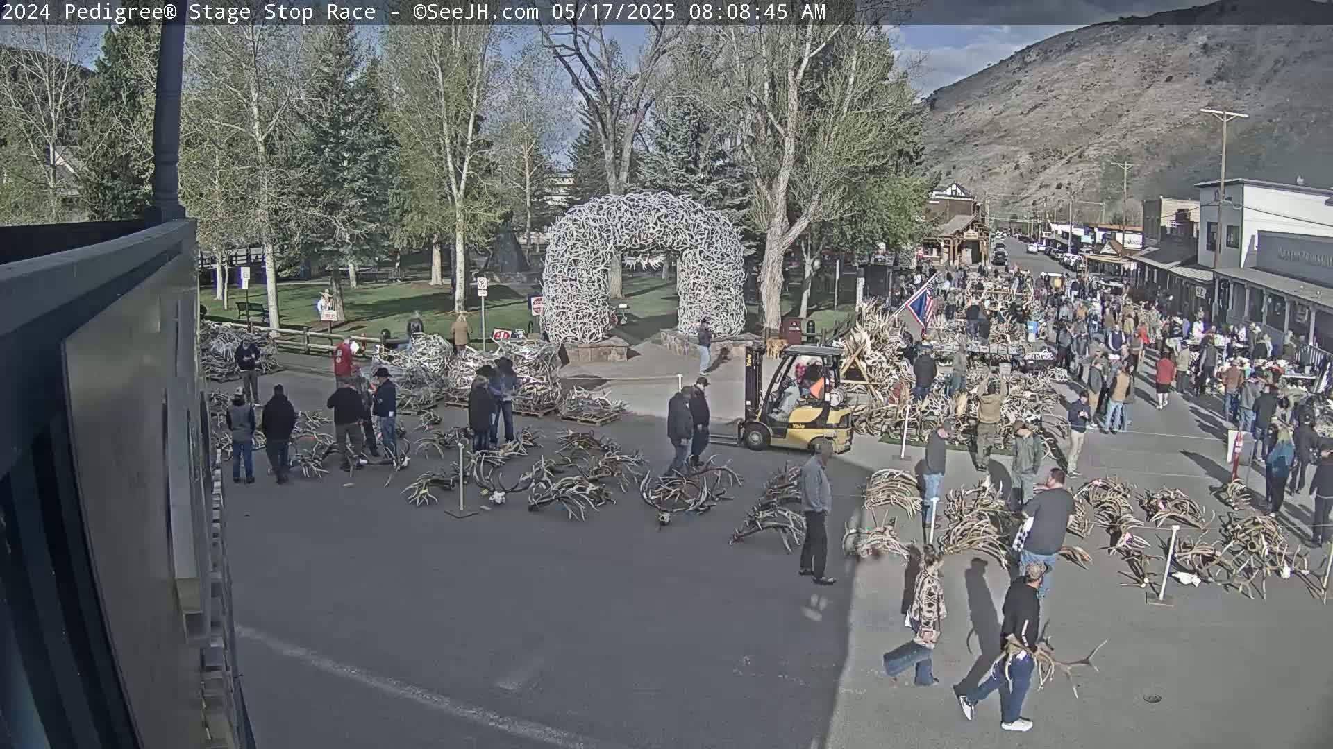 A sunny day reveals a large crowd gathered around numerous piles of antlers spread across a town square, with a large antler arch as a backdrop.