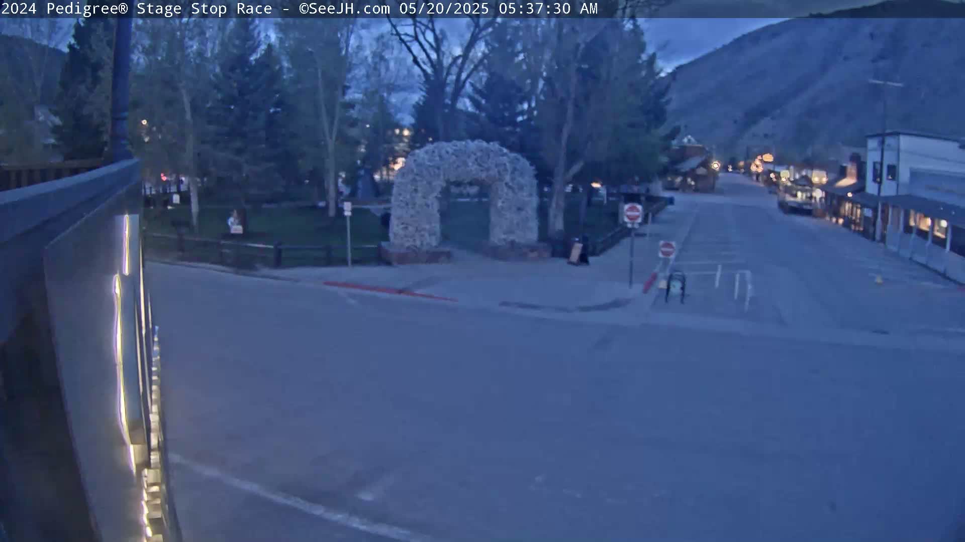 A twilight view shows a town street with a bone archway in a park-like setting, under a mostly clear, dark sky.