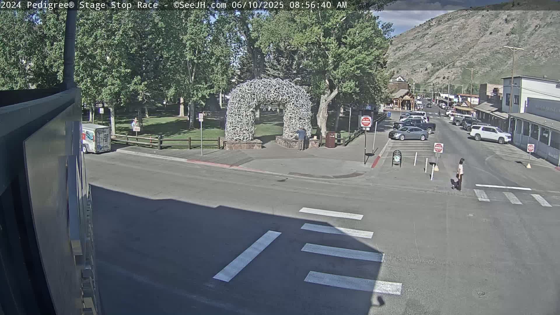 A street scene on a sunny day shows a town with parked cars, a person walking a dog, and a large antler archway in a nearby park.