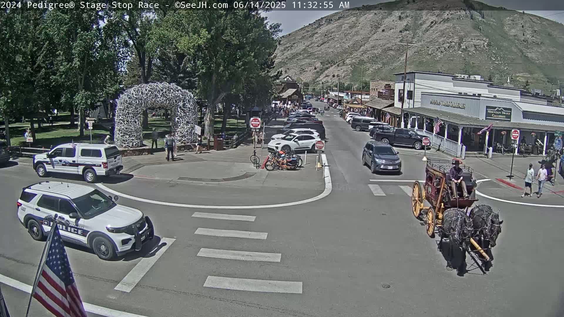 A sunny day shows a town square with several parked cars, two police vehicles, a horse-drawn carriage, and a large antler archway in a park-like area.