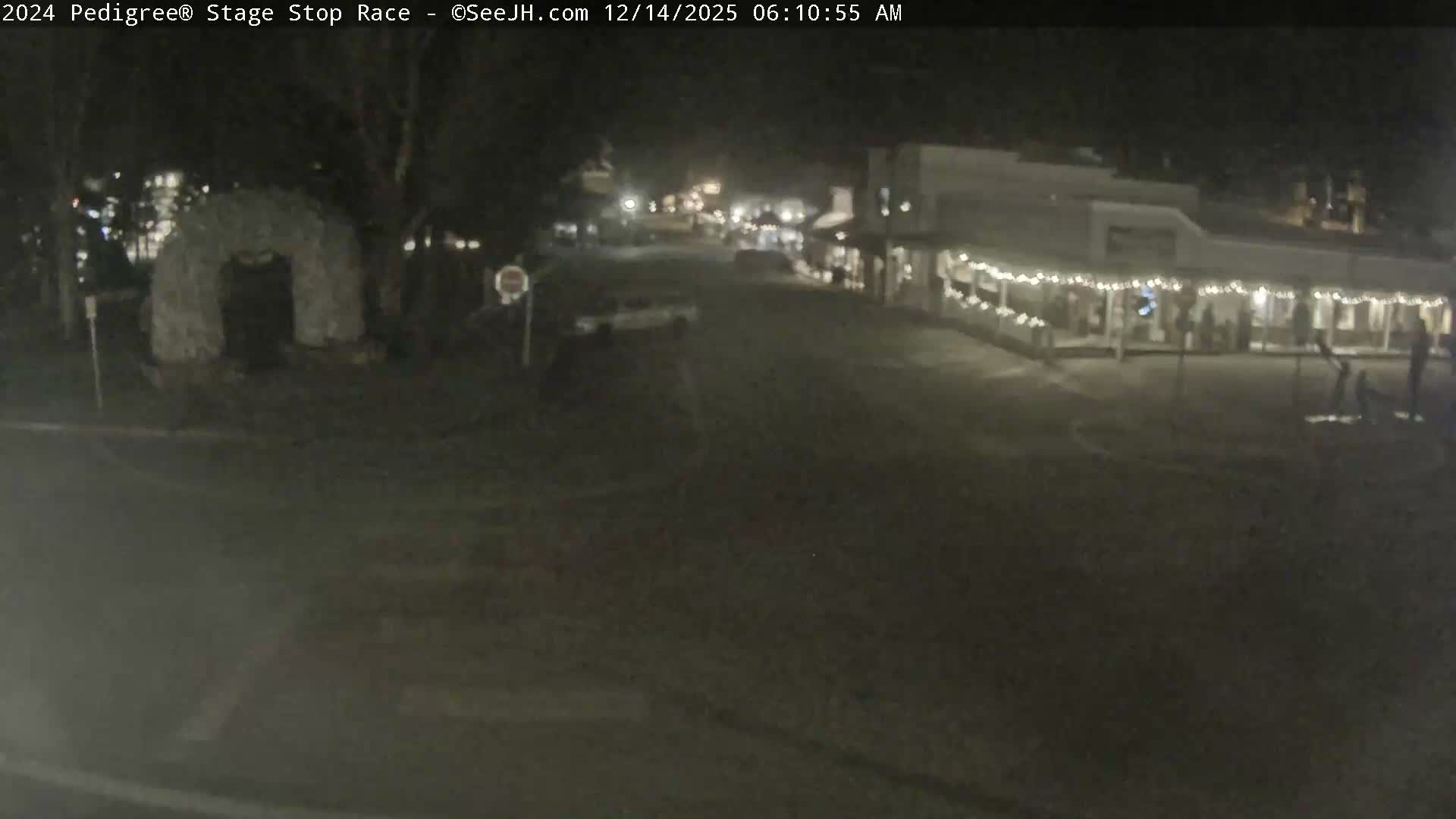 A quiet, snow-covered street at night, lined with buildings illuminated by string lights on the right and featuring a prominent antler archway on the left, is experiencing a gentle snowfall.