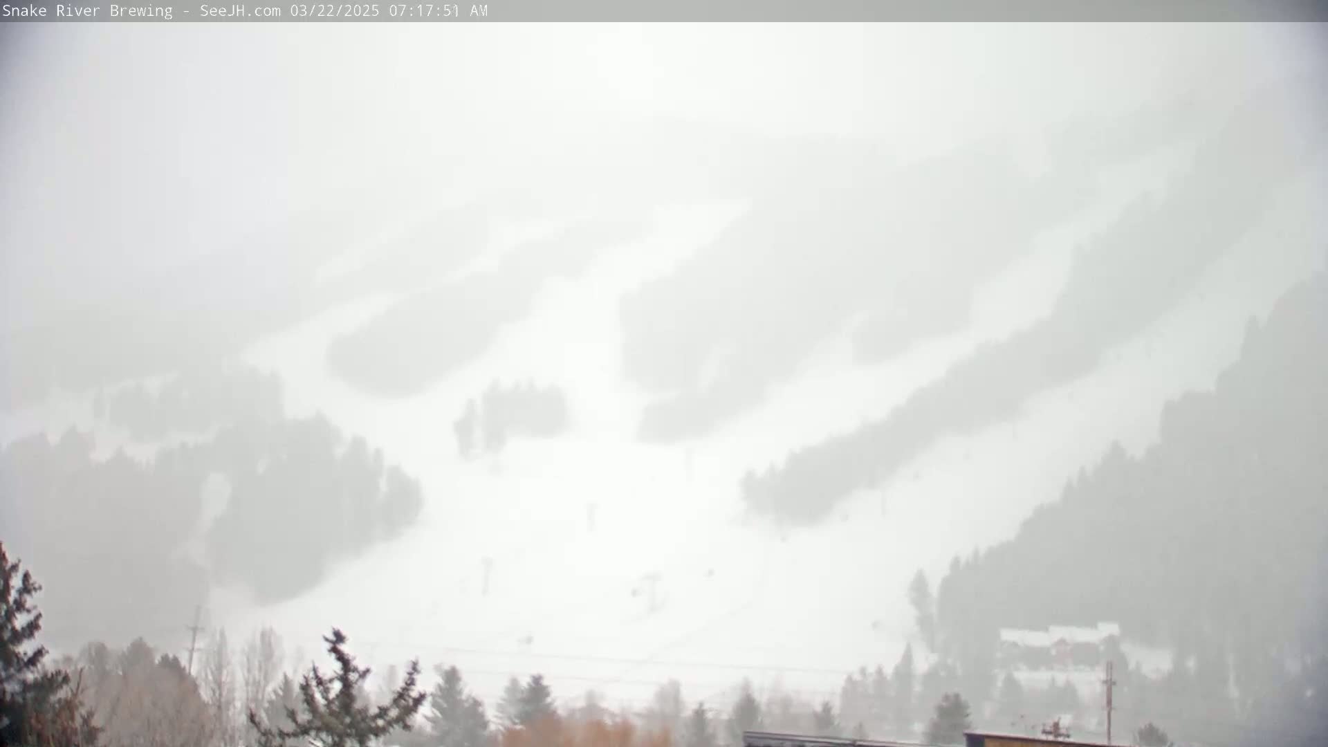A snow-covered ski slope is barely visible through heavy snowfall.