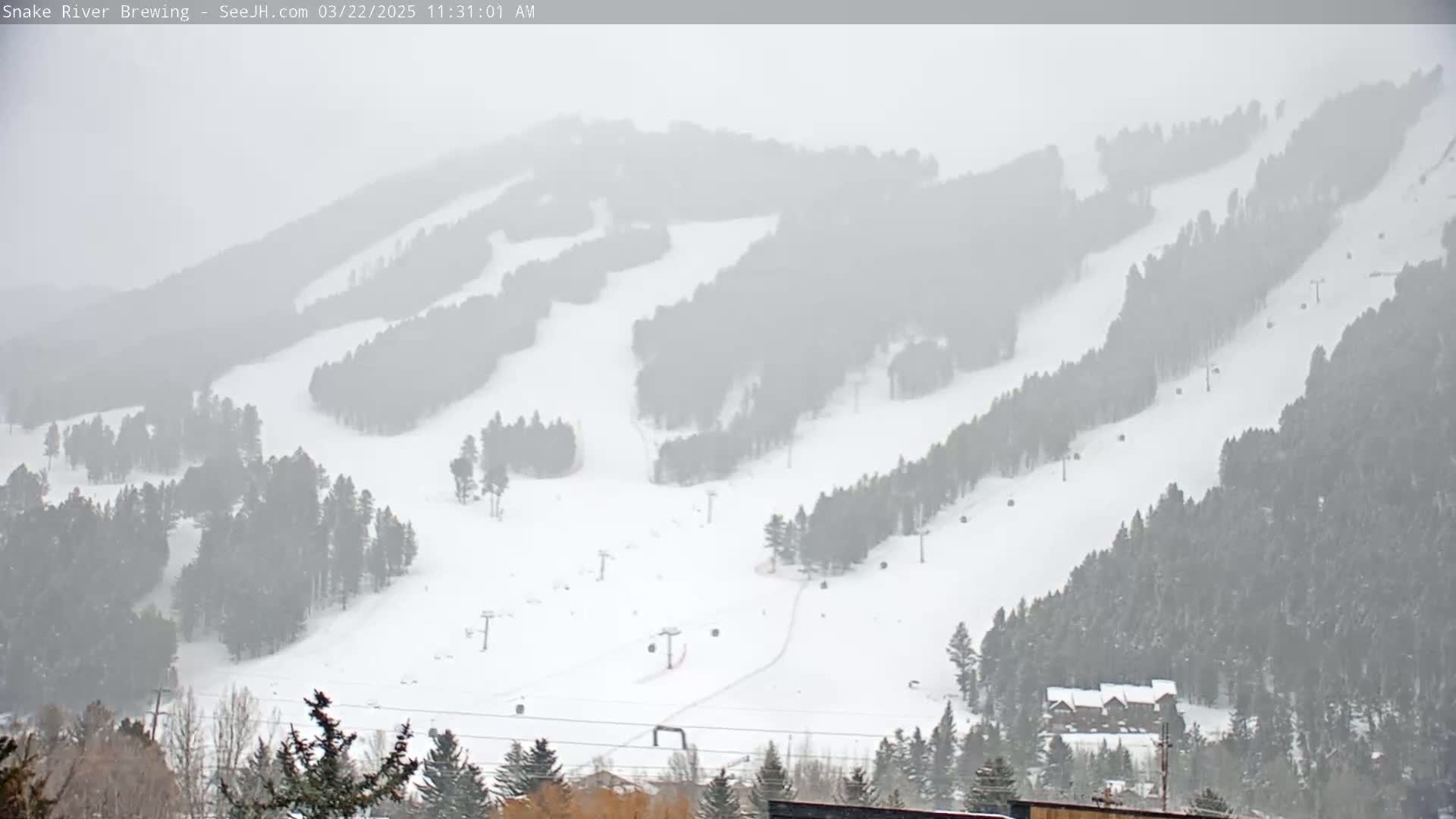 A snow-covered ski resort with several ski lifts is visible through a heavy snowfall.