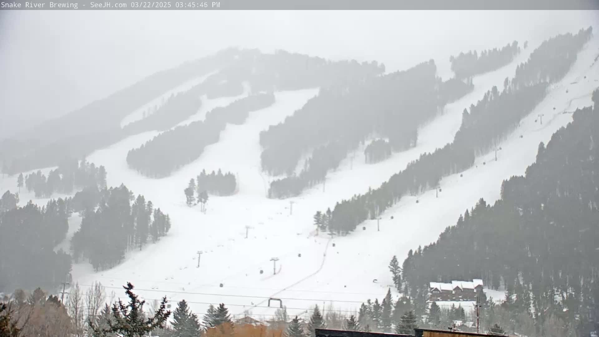 A snow-covered ski resort with several ski lifts is visible through a light snowstorm.