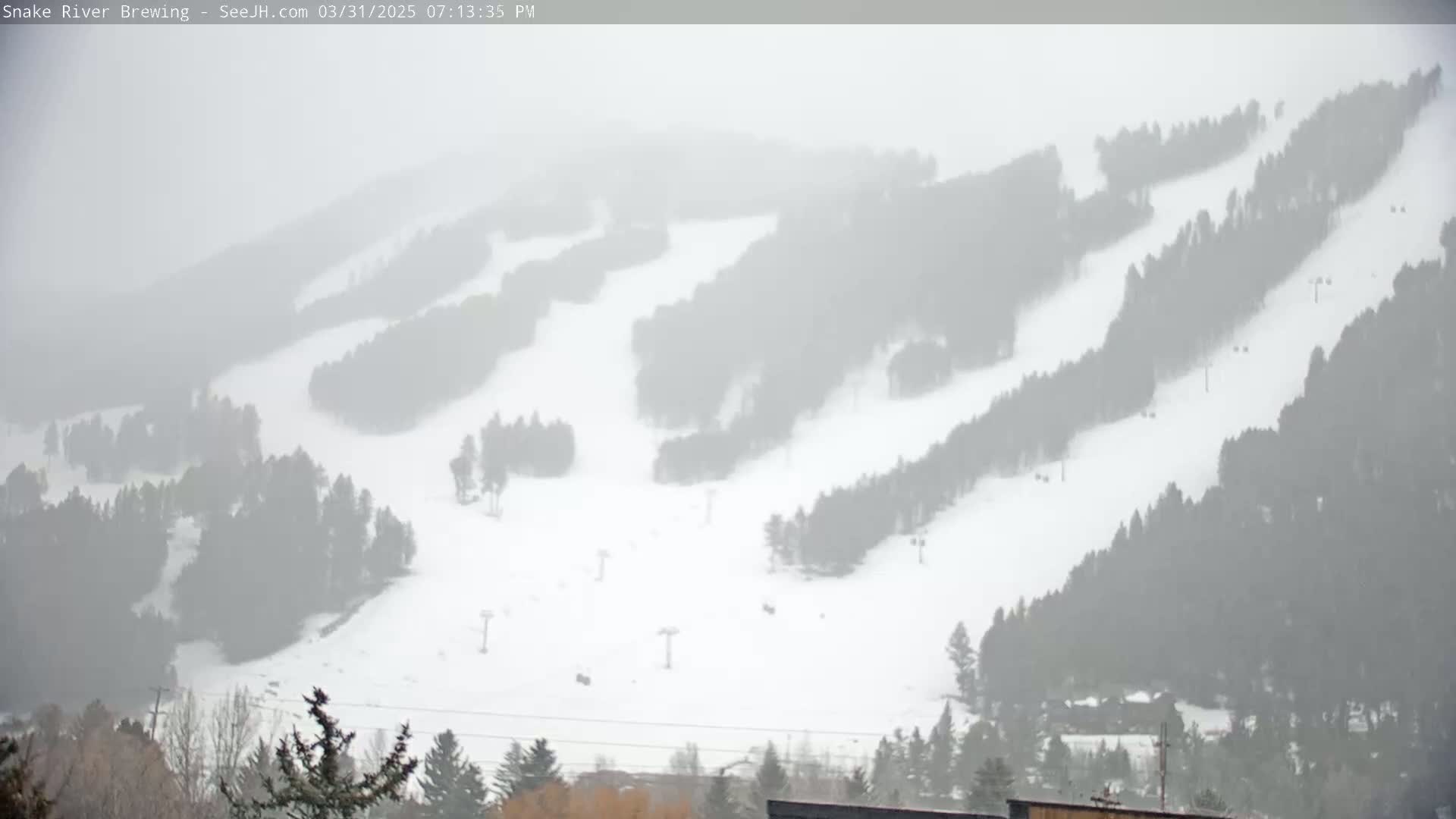 A snow-covered ski resort is visible through a heavy snowfall.