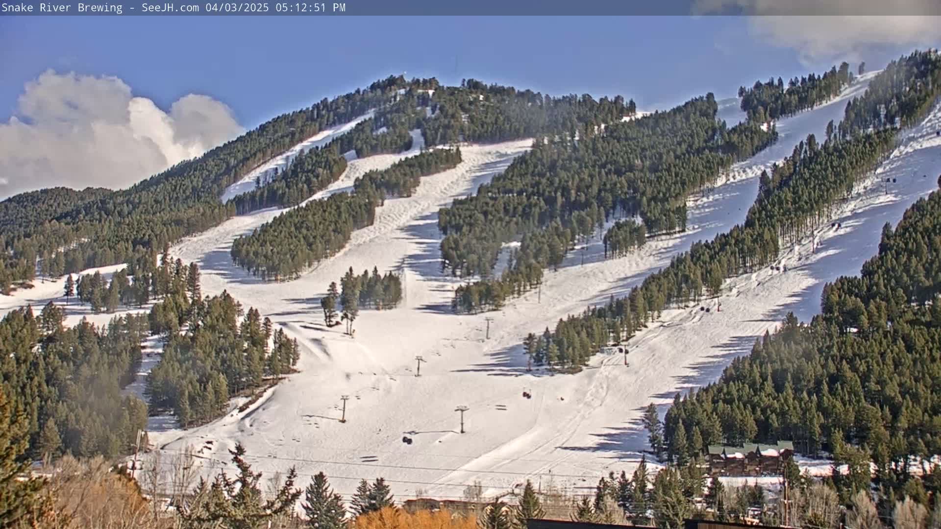 A snow-covered ski resort with numerous runs winding through evergreen forests under a mostly sunny sky with some clouds.