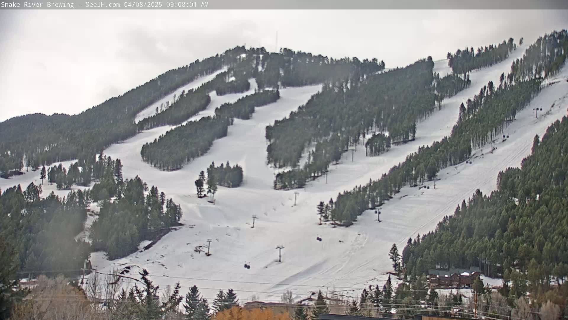 A snow-covered ski resort with several ski runs and chairlifts, under an overcast sky.