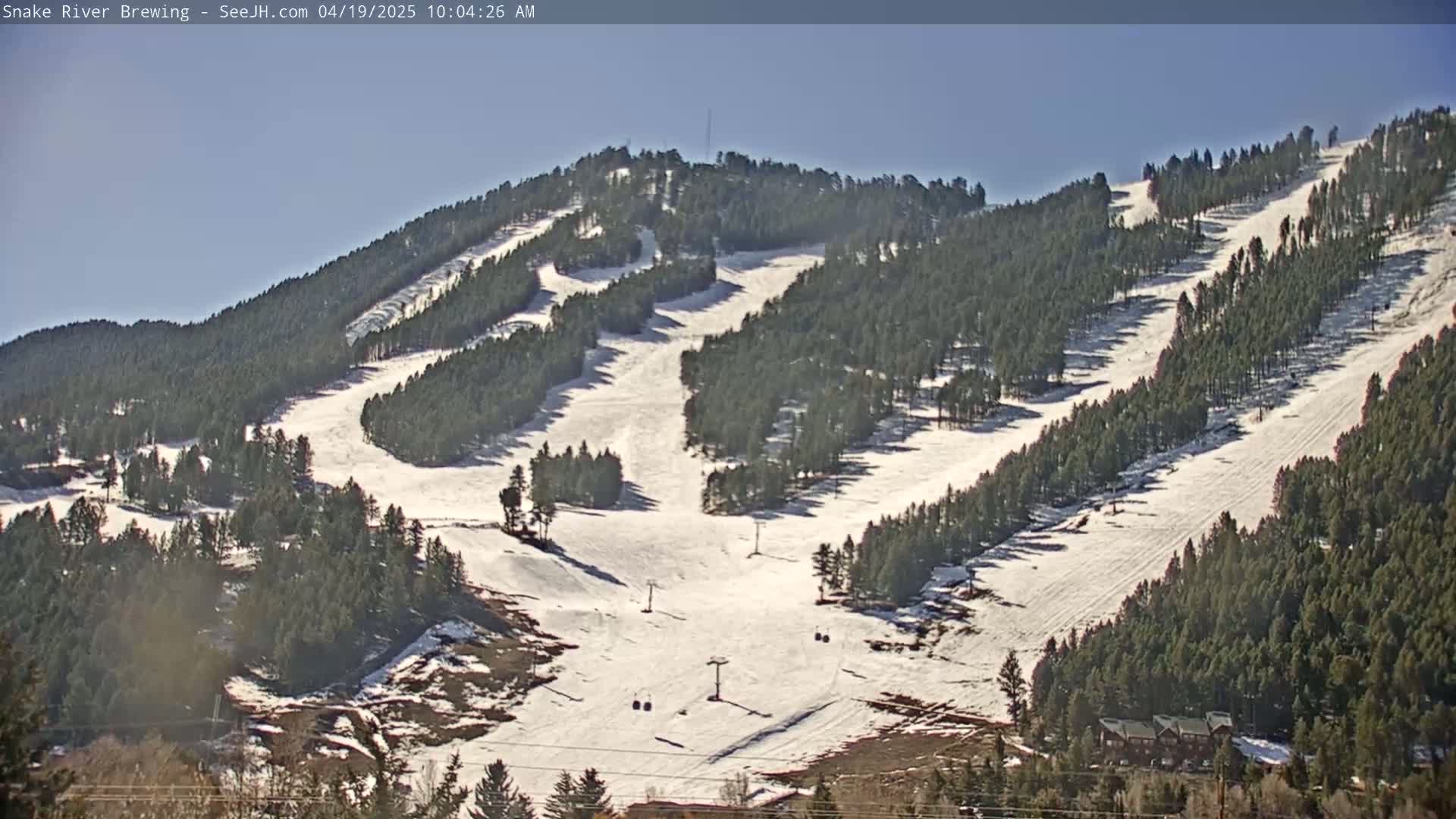 A snow-covered ski slope with several ski runs and chairlifts is visible on a sunny day, surrounded by a dense evergreen forest.