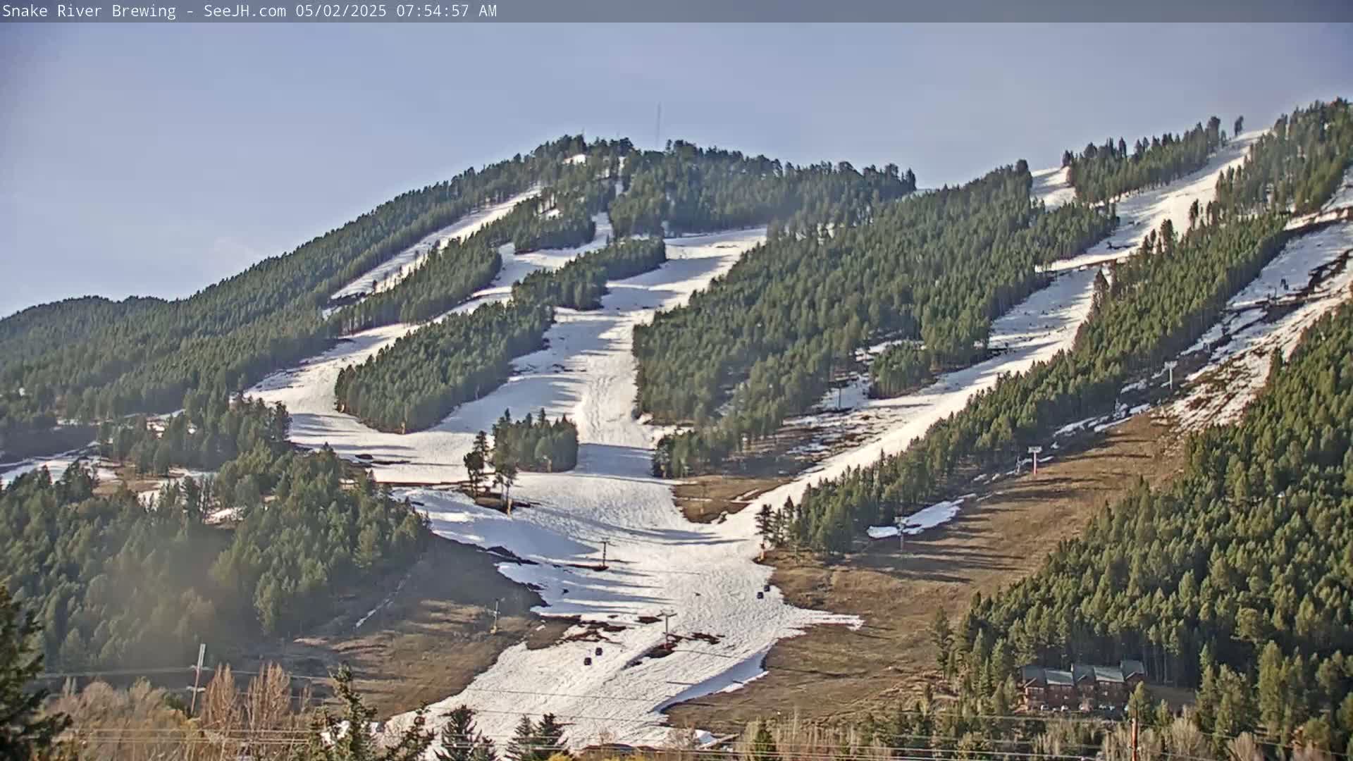 A snow-covered ski slope on a sunny day is nestled among evergreen trees.