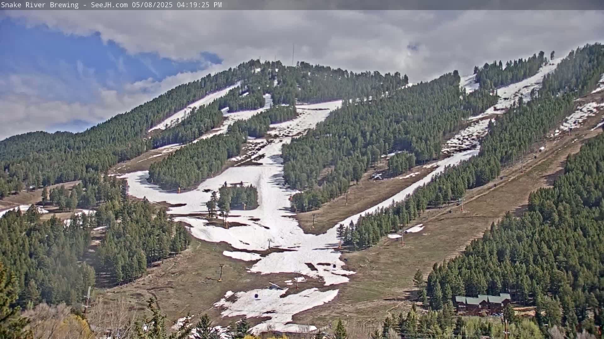 A partially snow-covered mountainside with evergreen trees under a partly cloudy sky.