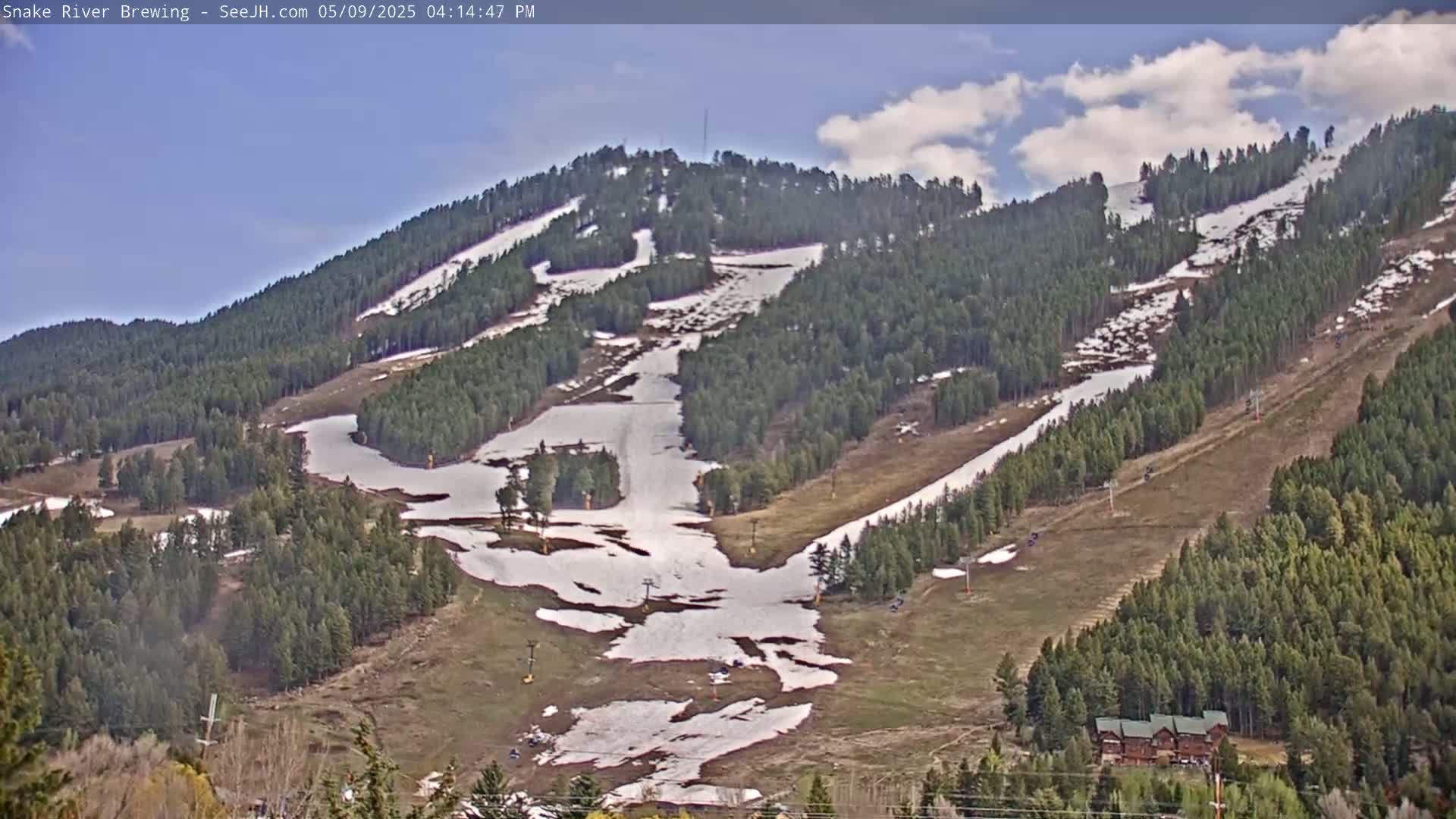 A partly sunny day shows a mountainside covered in evergreen trees, with patches of remaining snow on the ski runs.