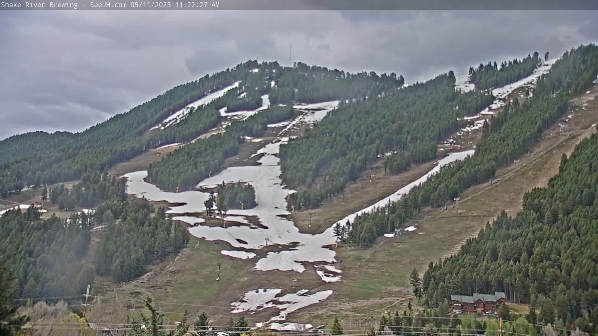A mostly cloudy day reveals a ski slope with patches of melting snow amongst evergreen trees and grassy areas.