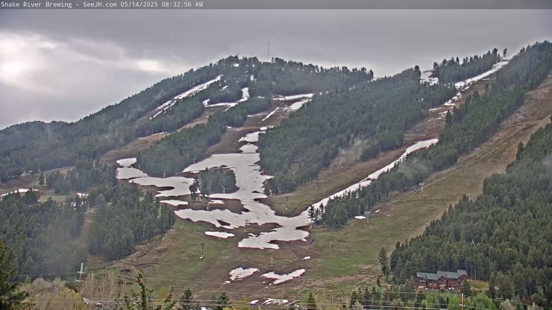A mostly cloudy day reveals a hillside with patches of snow on a ski slope surrounded by evergreen trees, a few buildings are visible at the bottom of the hill.