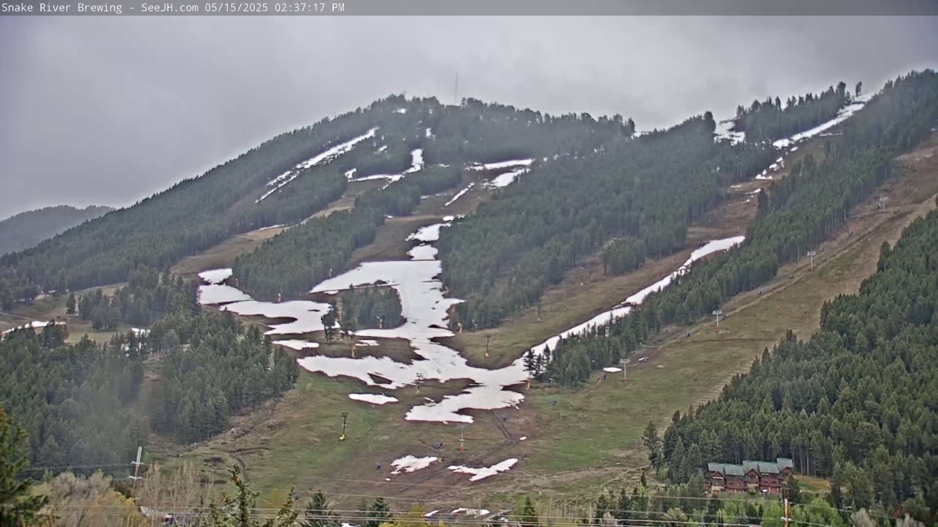 A mostly cloudy day reveals a ski hill with patches of melting snow on grassy slopes surrounded by evergreen trees and a few buildings at the base.