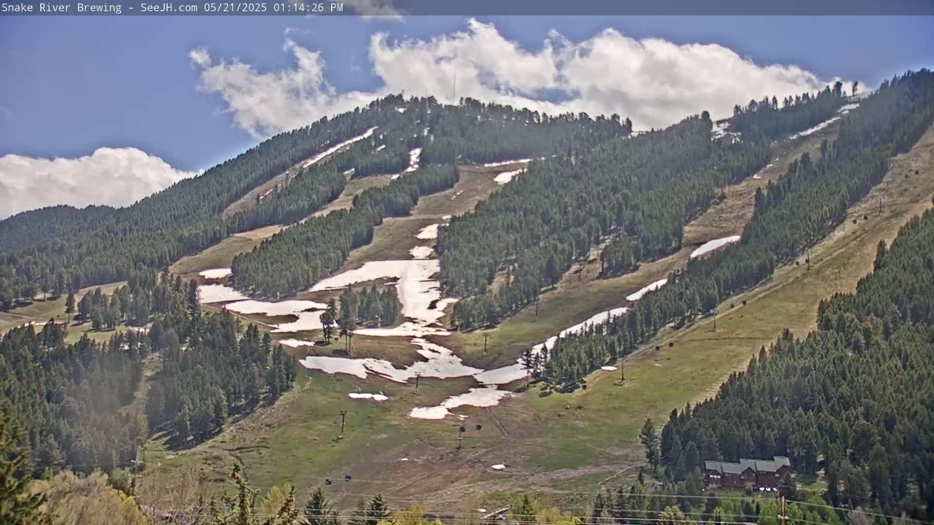 A mostly sunny day reveals a mountainside with patches of snow and green grass interspersed among dark evergreen trees, a few buildings at the base, and ski lift infrastructure visible.