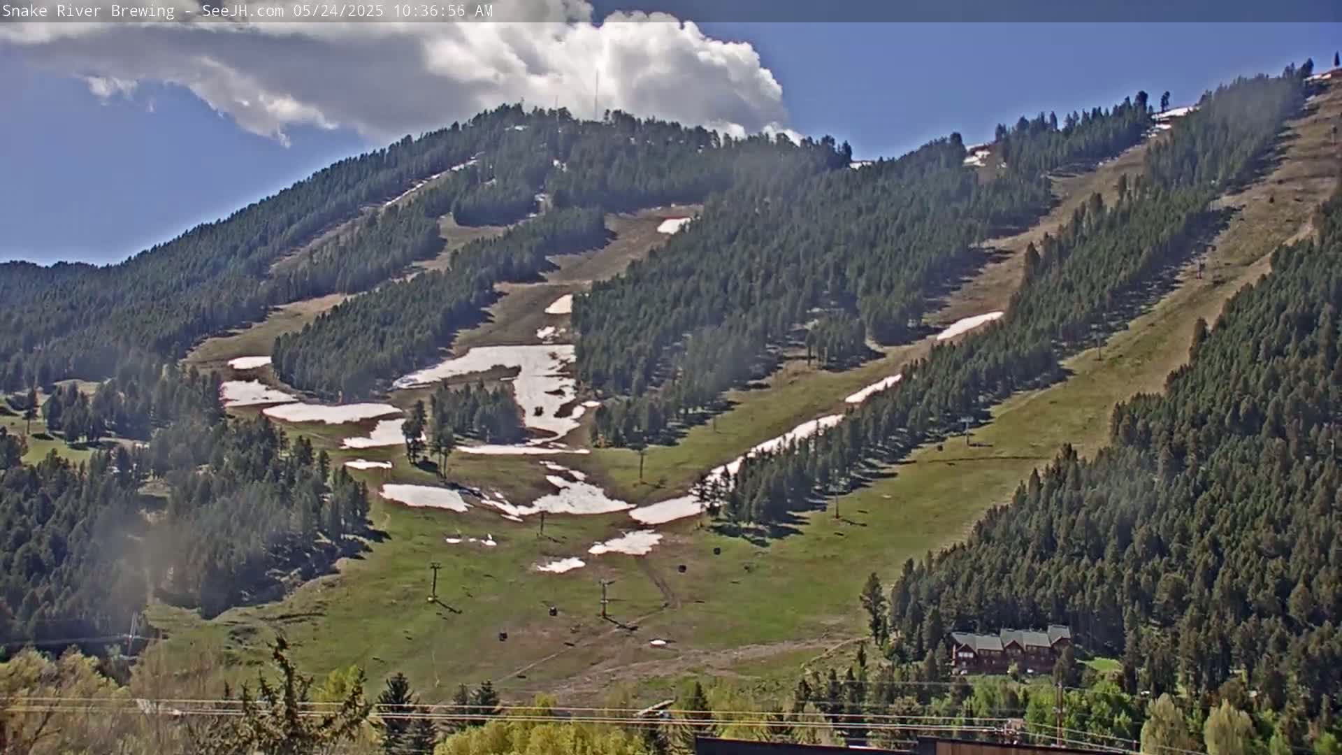 A mostly sunny day shows a mountainside with patches of snow, green grass, and evergreen trees, with ski lift infrastructure visible.