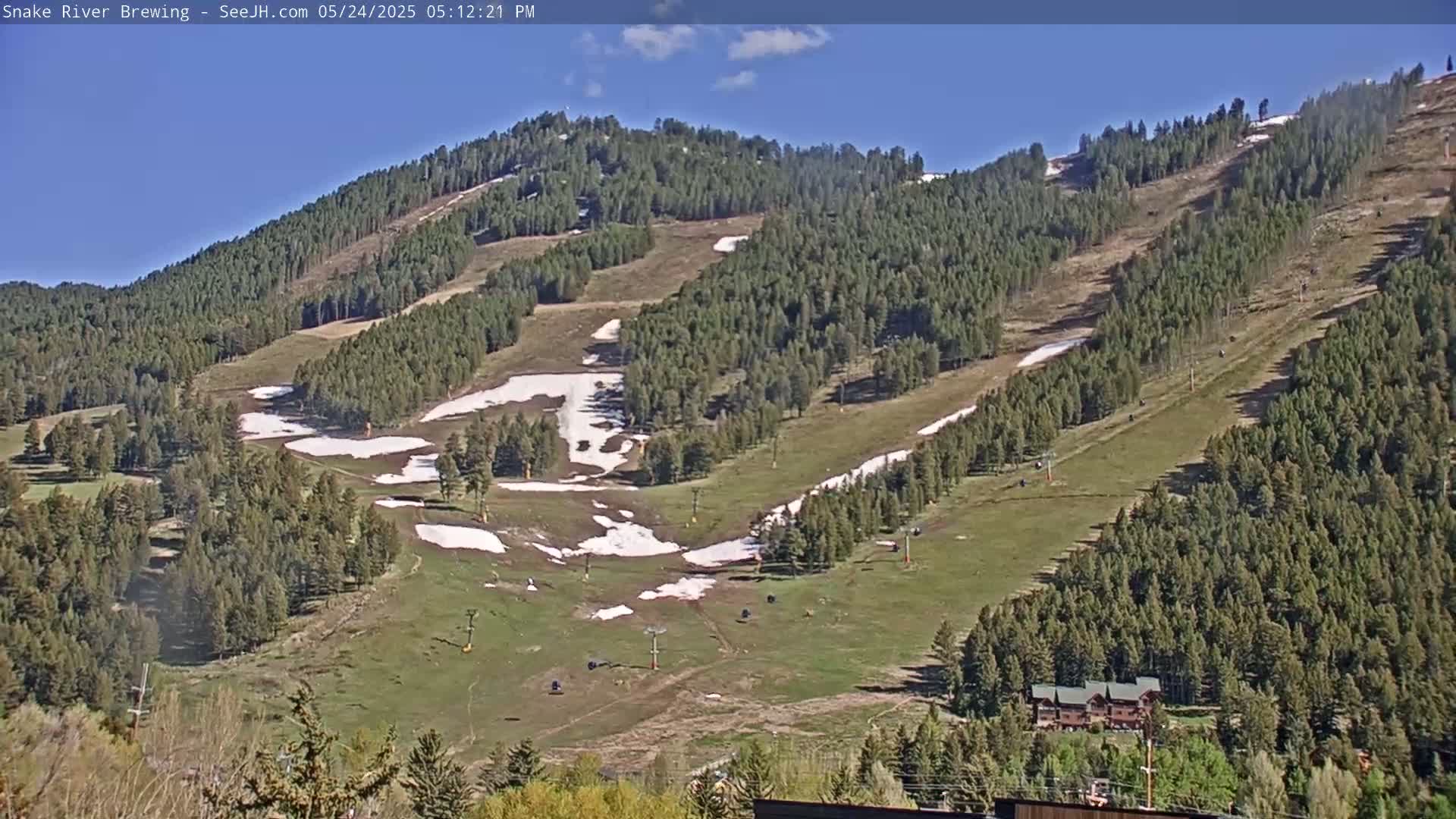 A mostly sunny day reveals a grassy hillside dotted with patches of snow, sparsely populated evergreen trees, and several ski lifts.