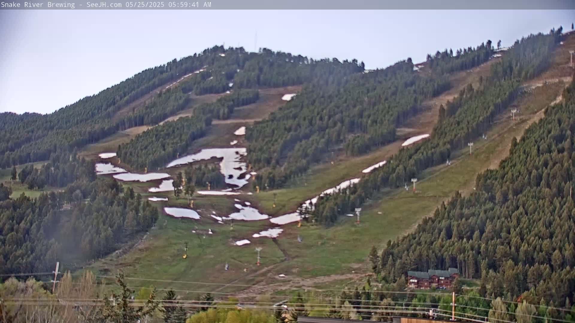 A mostly green hillside dotted with patches of remaining snow, ski lifts, and dark green evergreen trees under a clear sky.