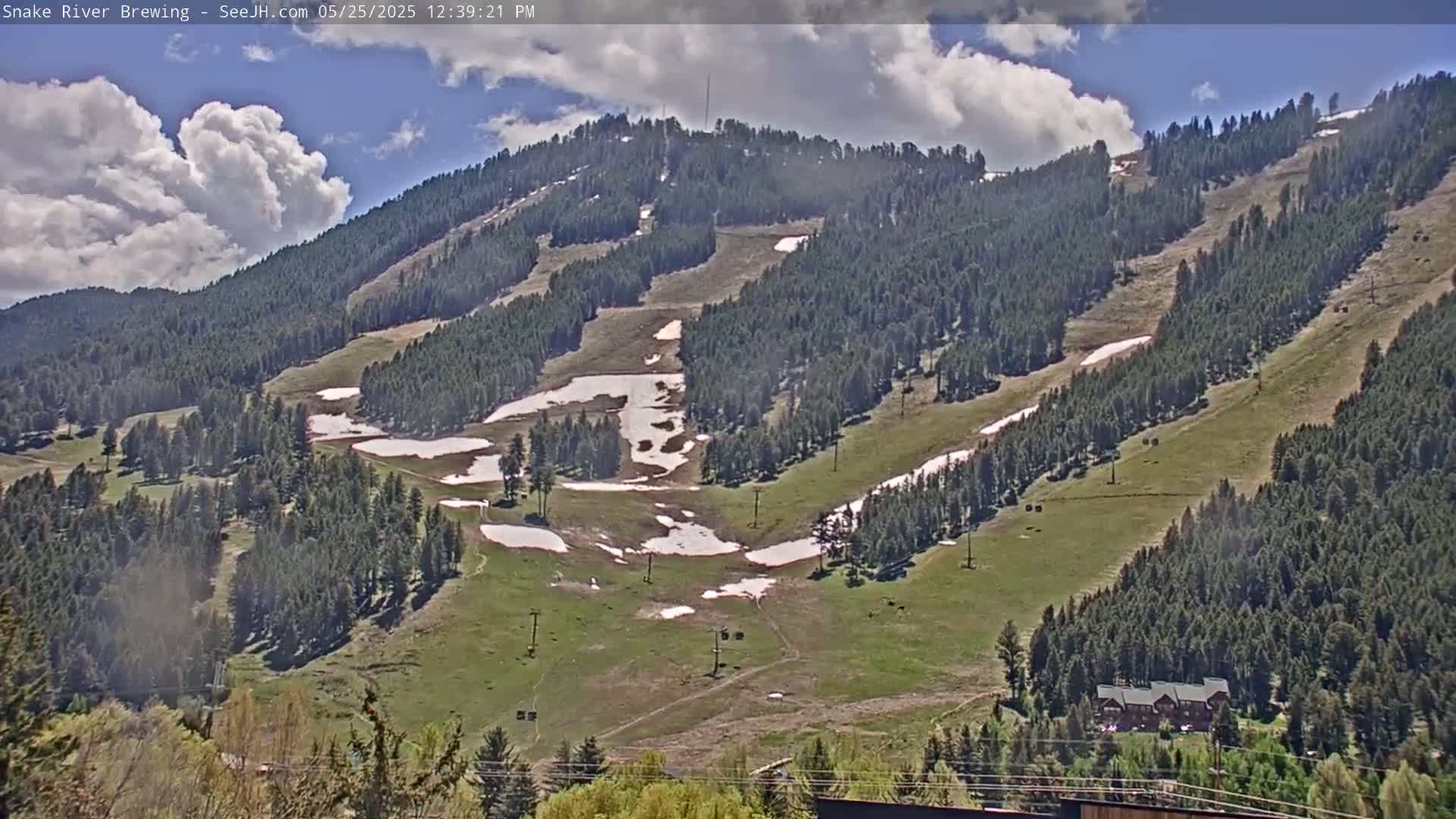 A partly sunny day reveals a mountainside dotted with evergreen trees, patches of melting snow, and grassy areas, with a few buildings visible at the base.