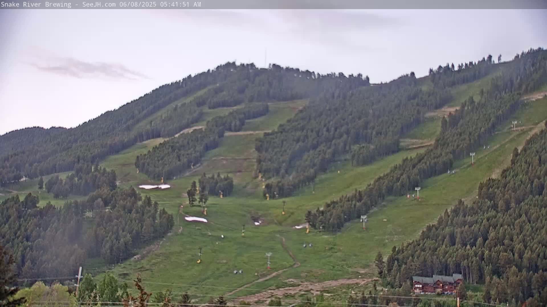 A mostly clear, early morning view of a grassy hillside with scattered trees, ski lifts, and small patches of snow.