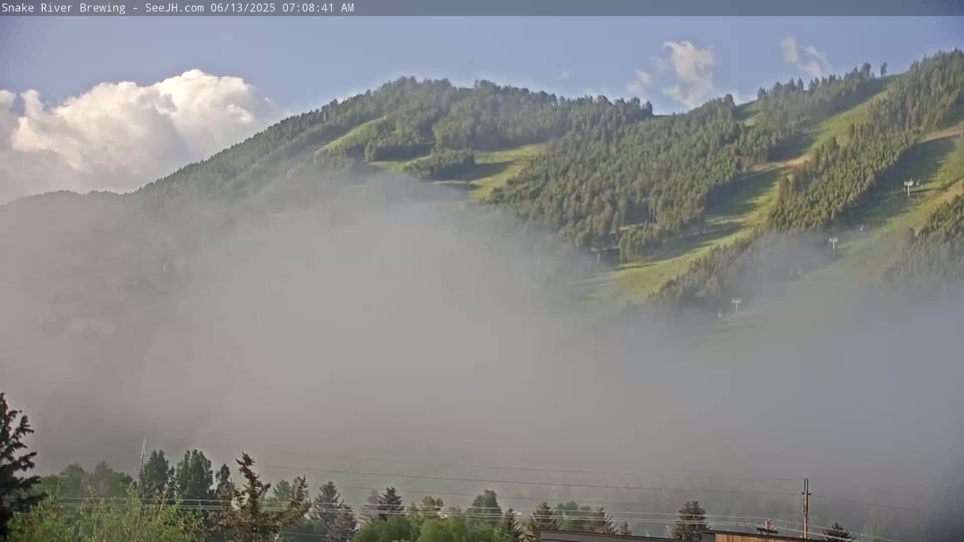 A foggy morning reveals a tree-covered hillside with ski lifts partially obscured by mist.