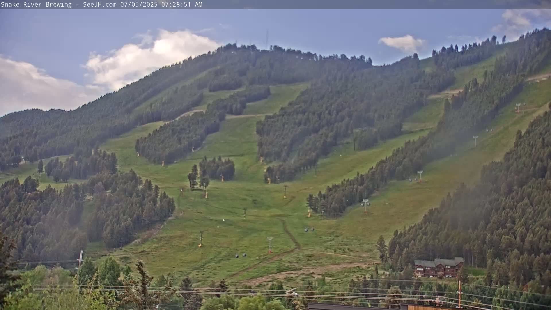 A mostly sunny, partly cloudy day shows a grassy mountainside with ski lifts and forested areas.