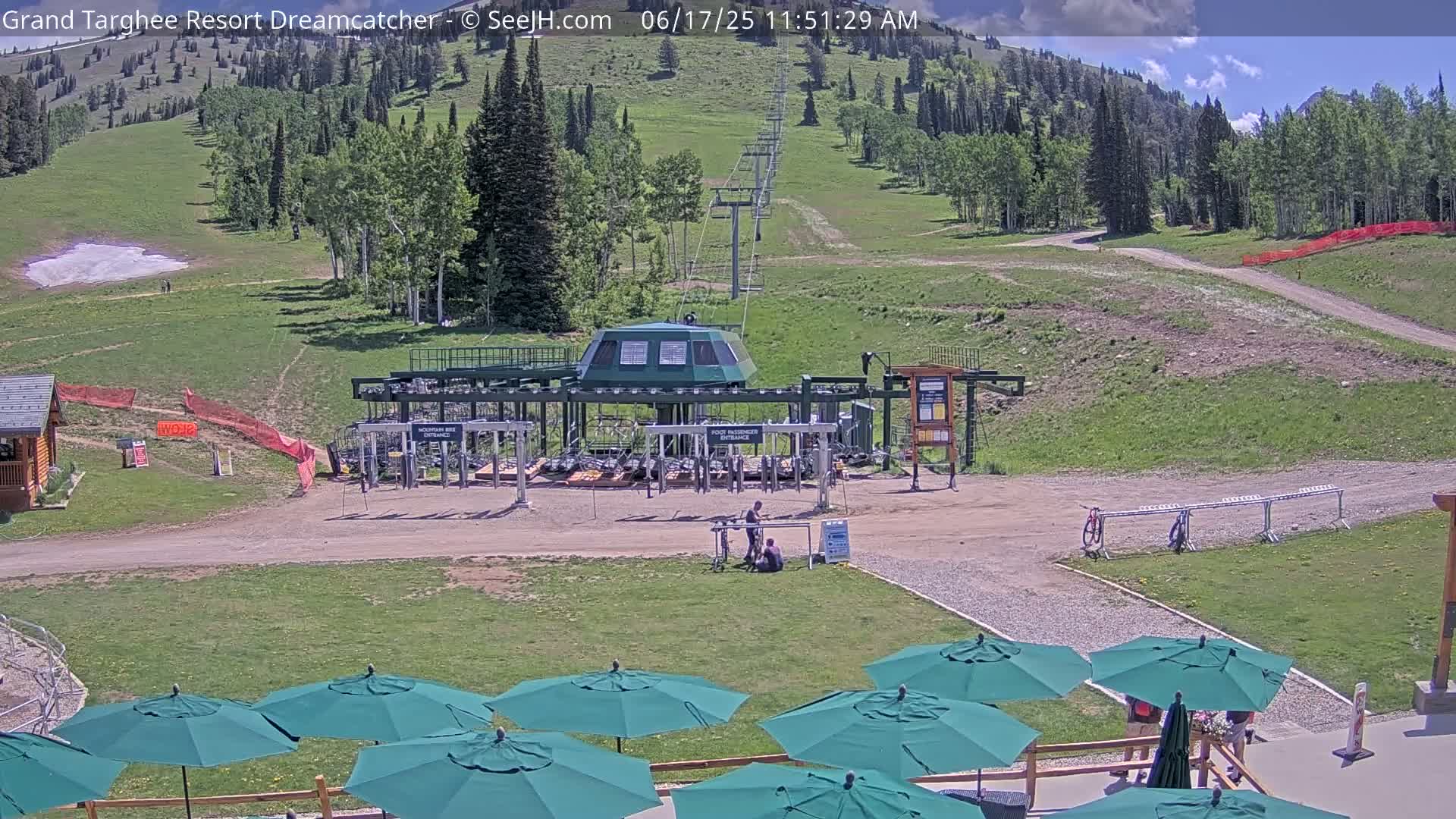 A mountainside ski lift base area with green grass, a few people, and several green patio umbrellas under a partly cloudy sky.