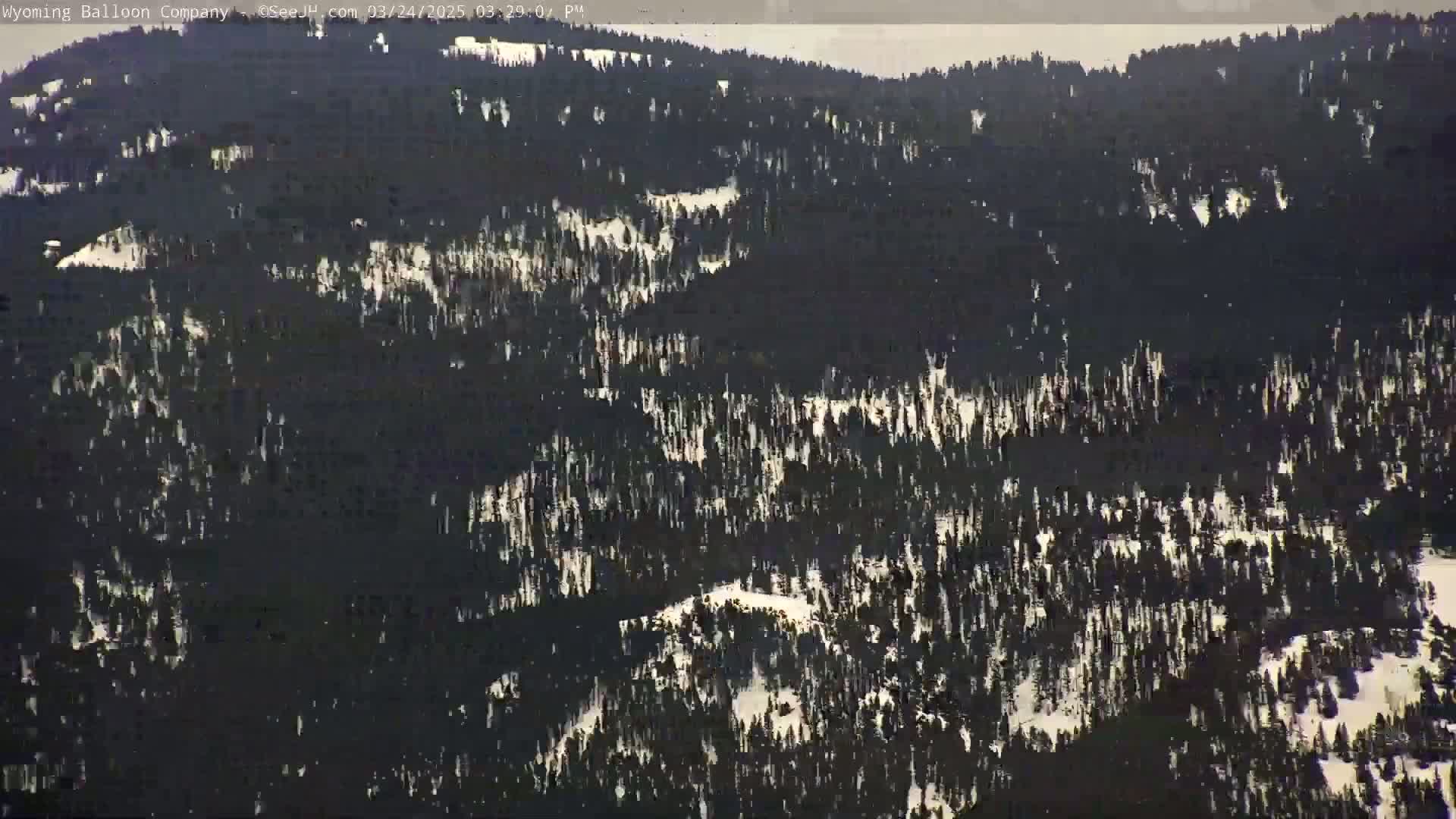 A high-angle view shows a snow-dusted evergreen forest on a partly cloudy day.