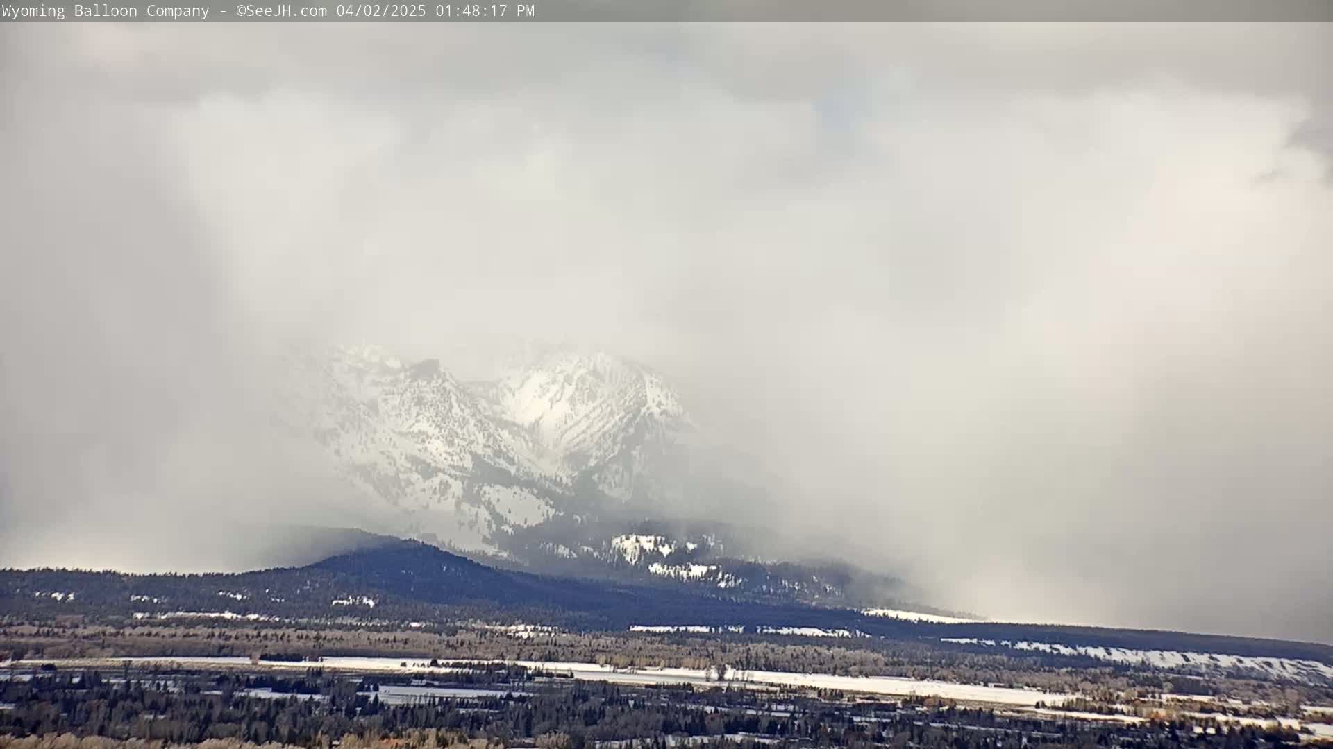 Snow-covered mountains are partially obscured by a heavy snow in the foreground, with a flat expanse of land and some sparse trees visible at the base.