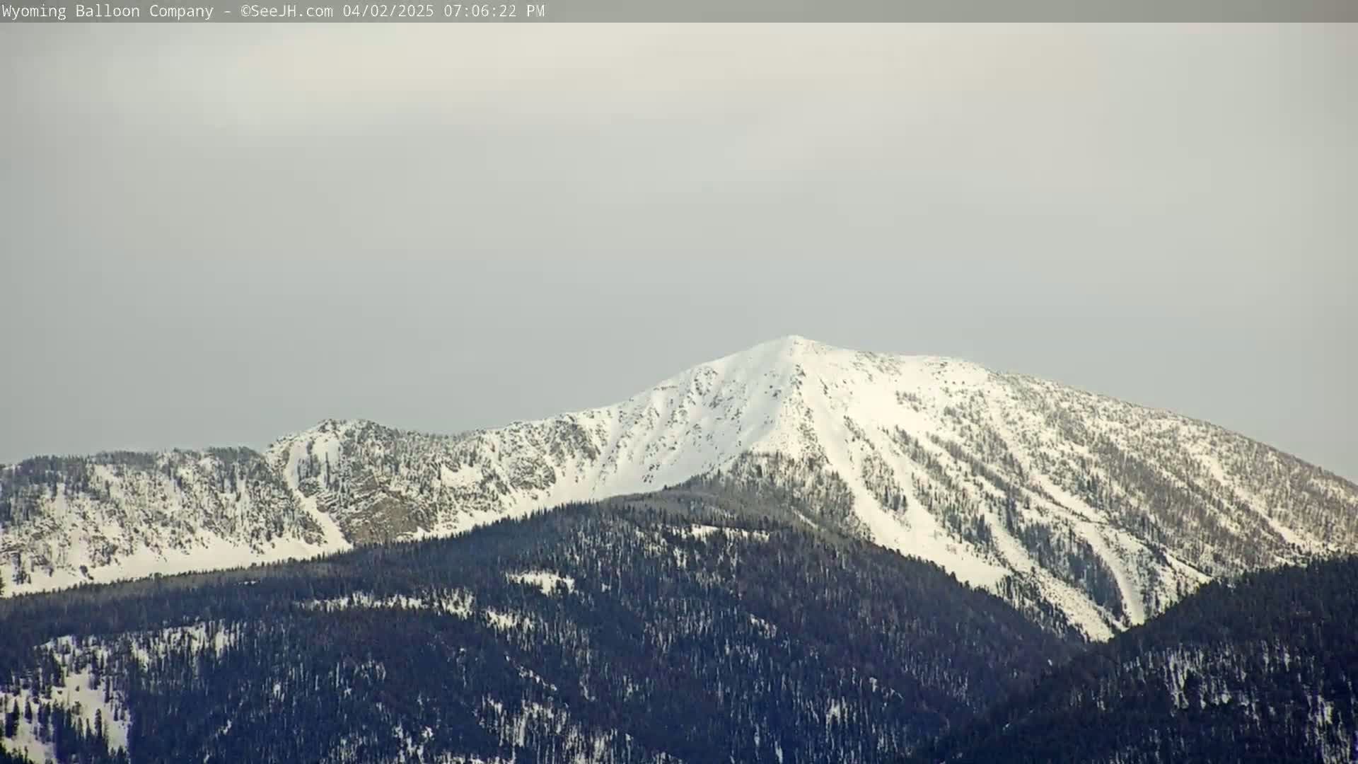 A snow-covered mountain range is visible under a cloudy sky.