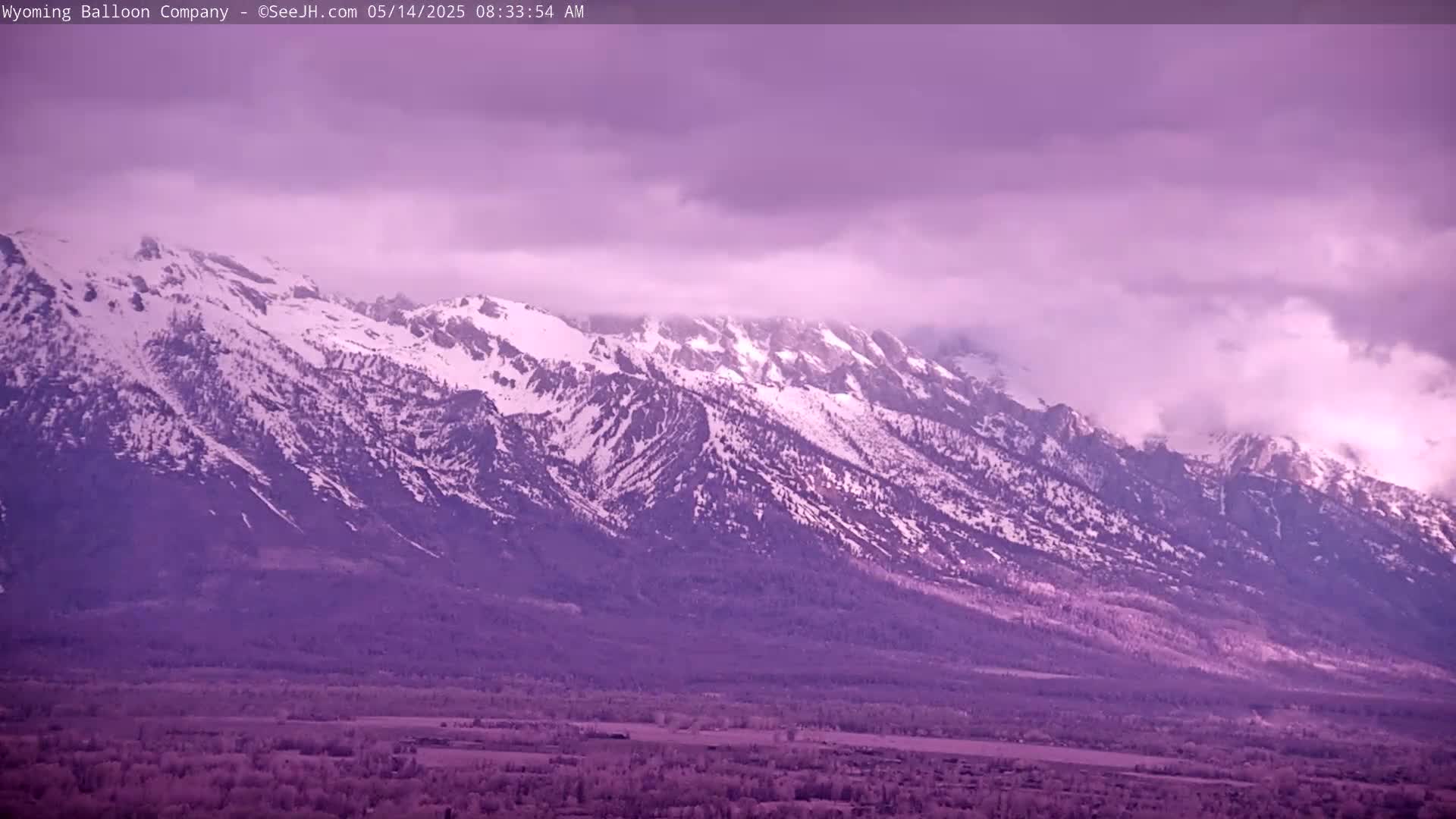 A snow-capped mountain range is visible under a cloudy, purplish sky, with a flat valley stretching out in the foreground.