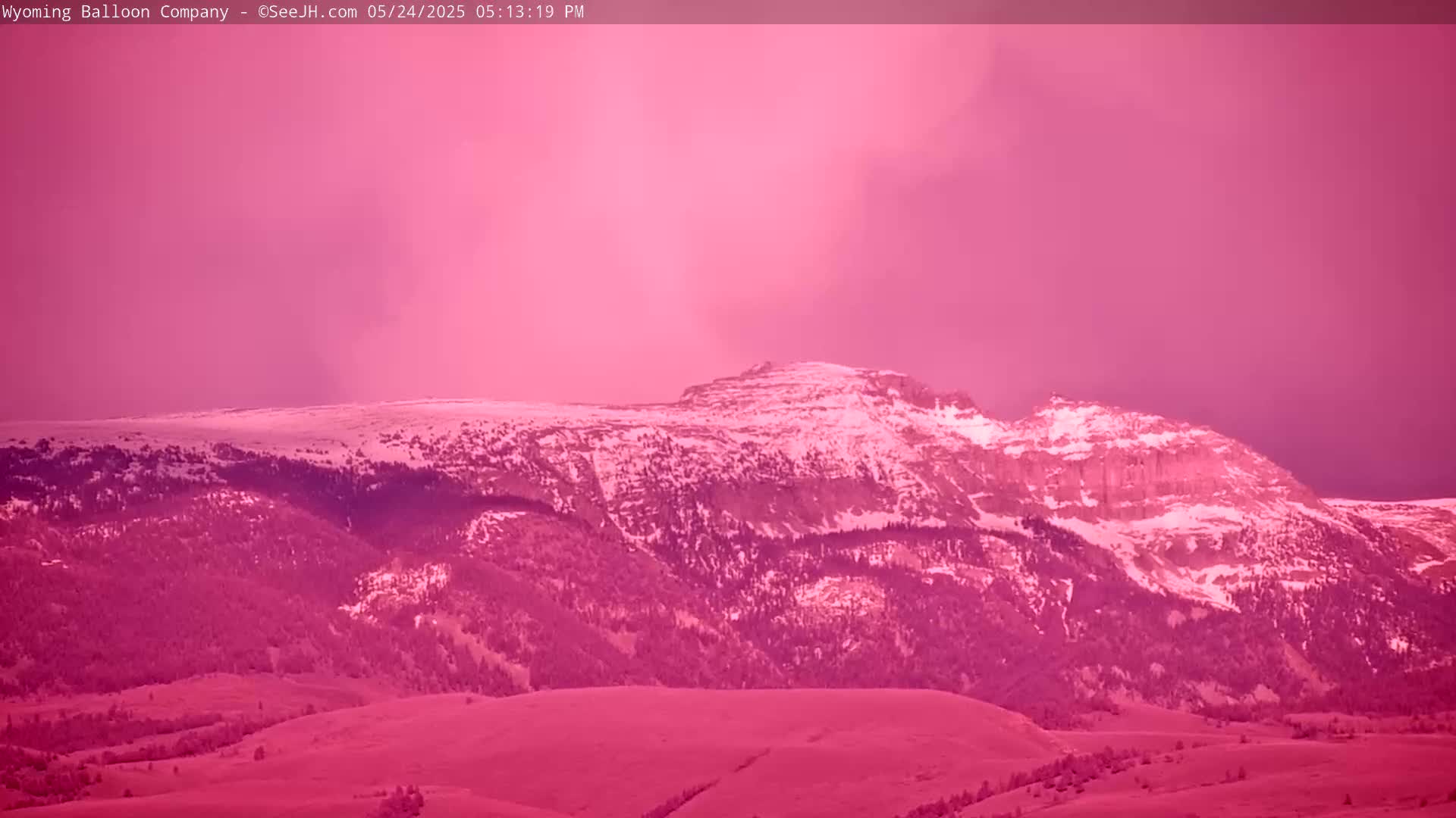 A snow-dusted mountain range is visible under a pink sky.