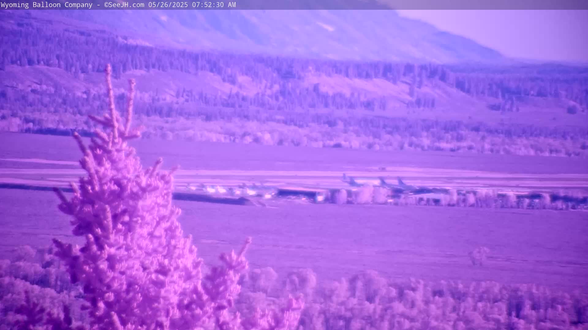 A purple-hued landscape reveals a distant airfield with several aircraft, a foreground of trees, and a mountain range under a clear sky.