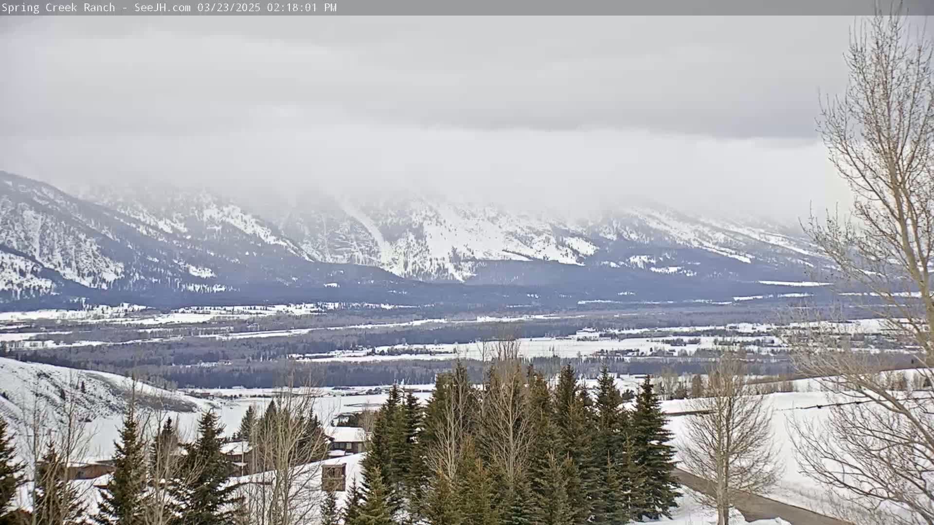 A snow-covered valley with a line of snow-capped mountains in the background under an overcast sky.