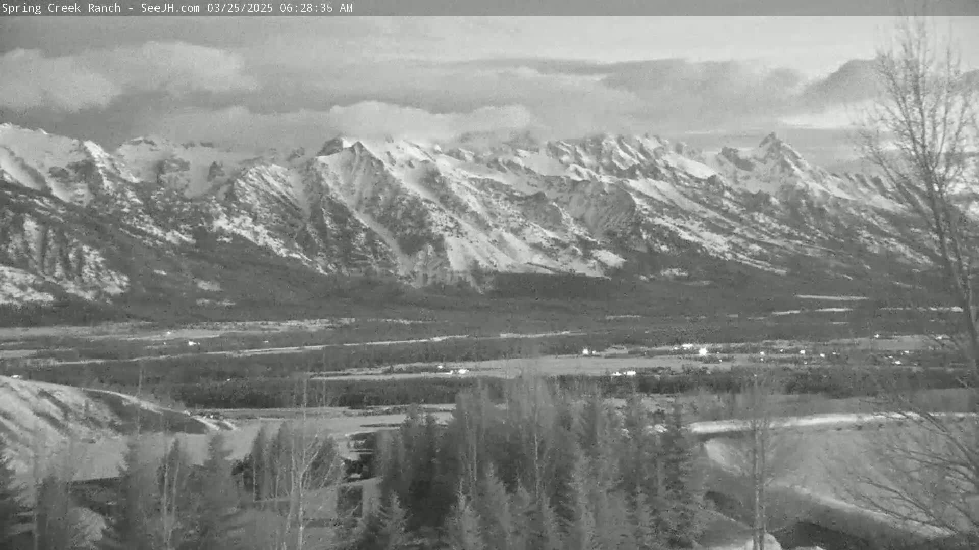 A snow-covered mountain range is visible in the distance under a cloudy sky, with a valley and trees in the foreground.