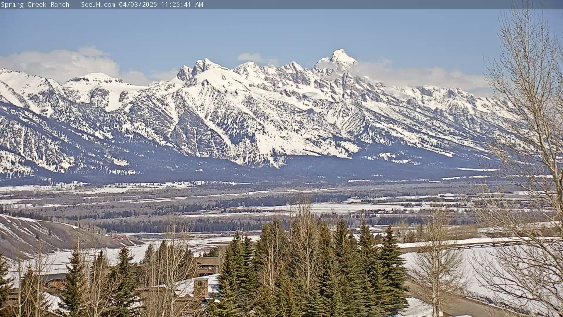 A snow-covered mountain range is visible in the distance, with a valley and evergreen trees in the foreground under a mostly clear sky.