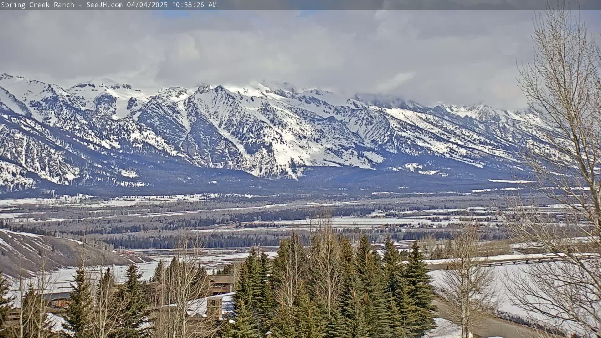 A partly cloudy day reveals snow-covered mountains in the distance, with a valley and a line of evergreen trees in the foreground.